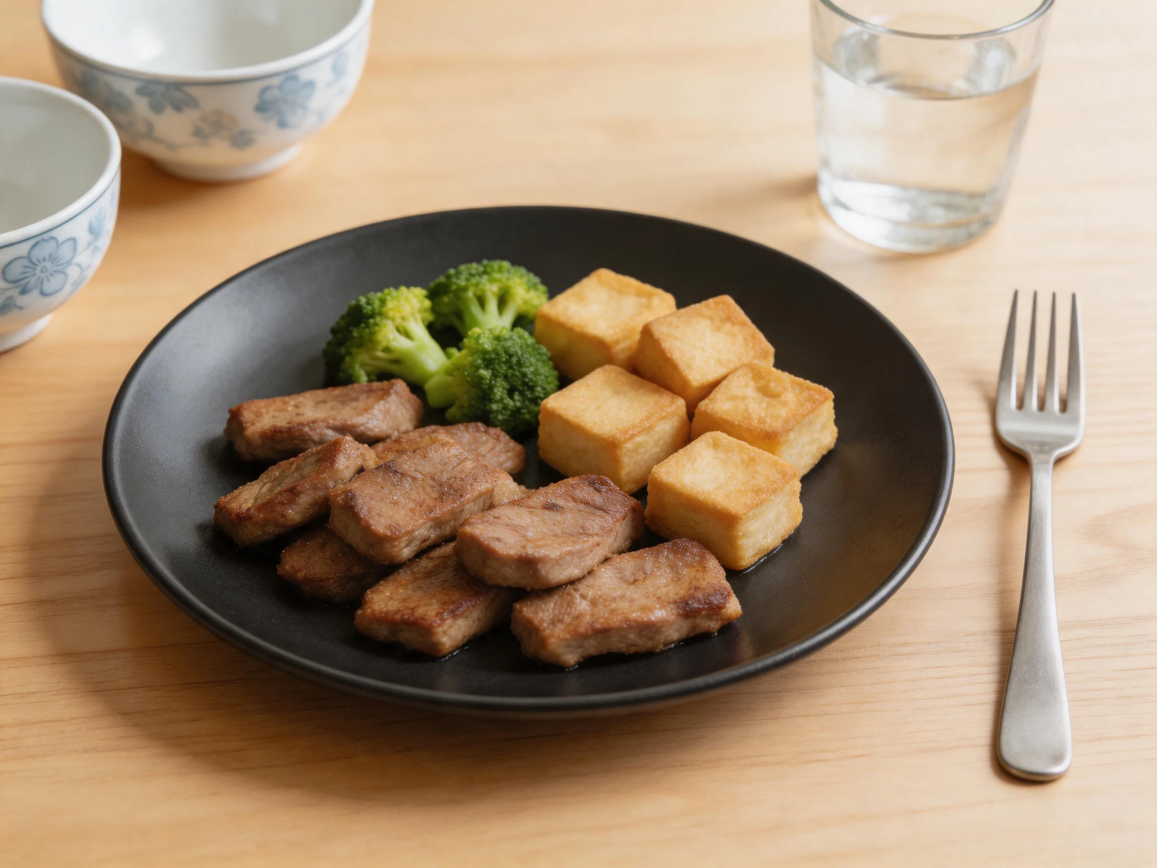 A meal with meat, tofu, and broccoli on a black plate near blue bowls