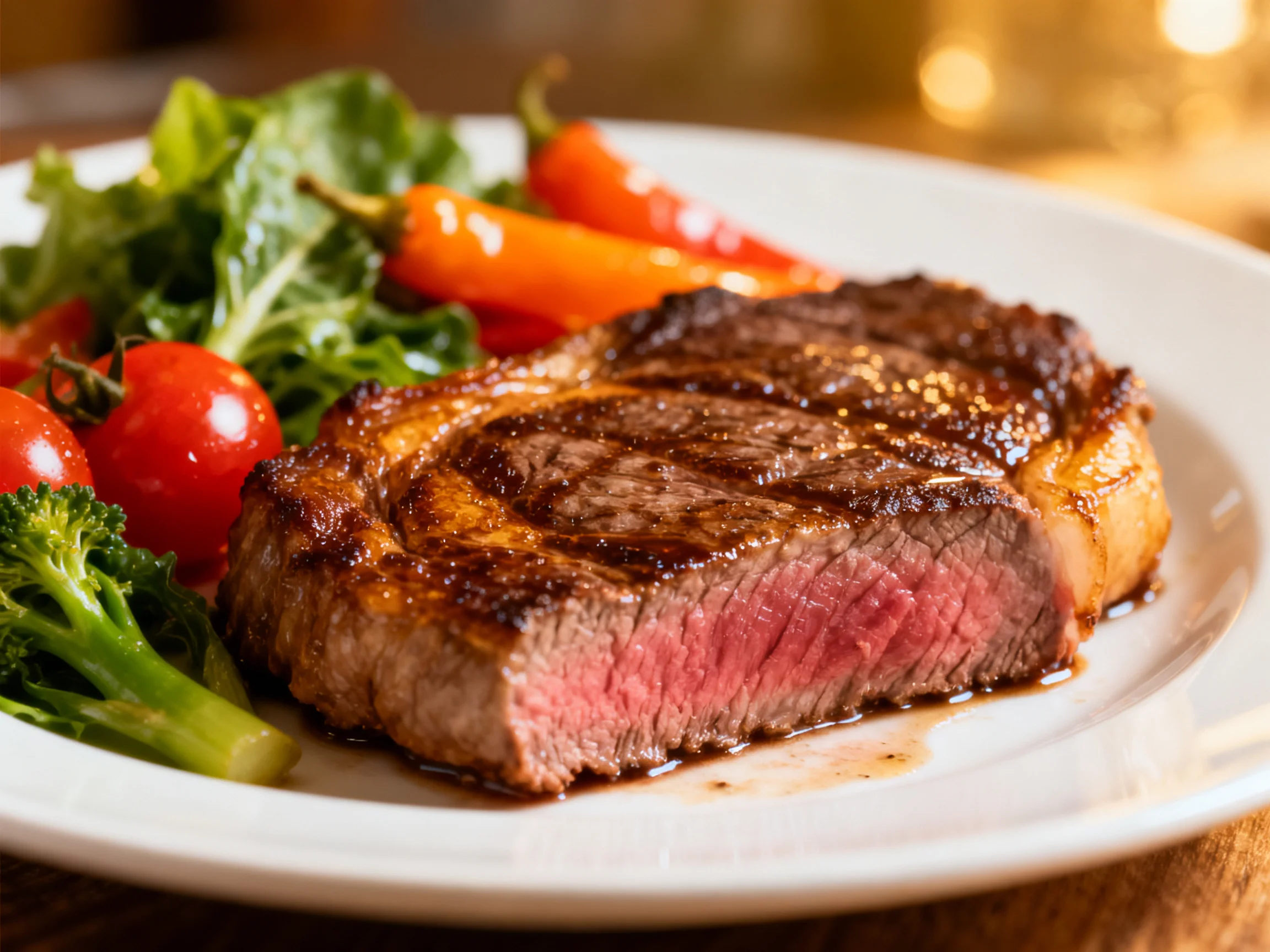 A medium-rare grilled steak served with fresh vegetables on a white plate