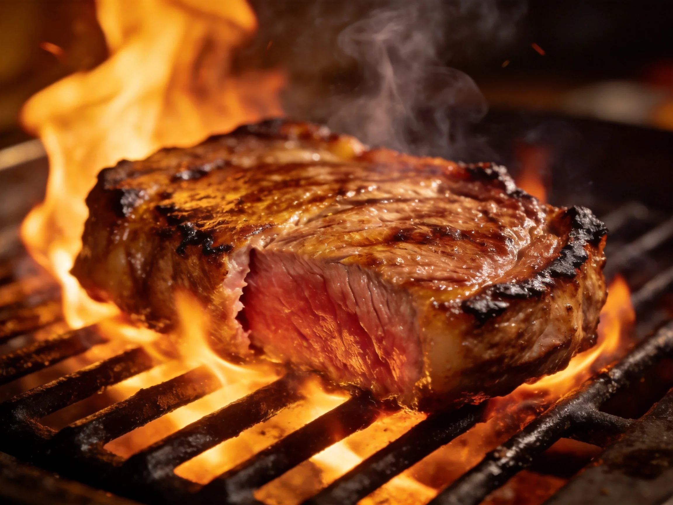 A medium - rare steak gr over vibrant orange flames on a dark grill