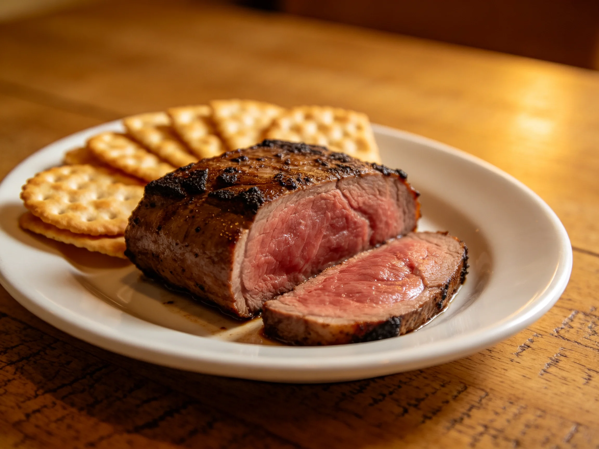 A medium - rare steak presented with round golden crackers on a wooden table