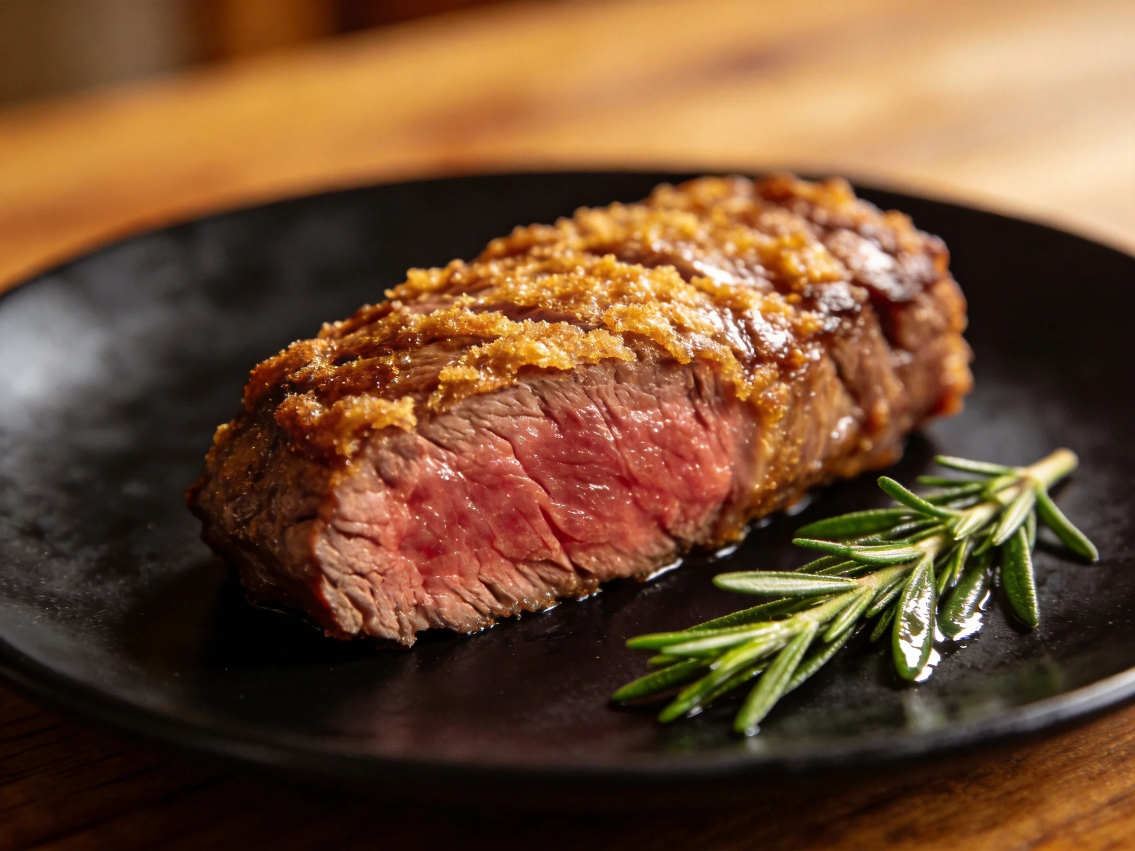A medium-rare steak with golden crust served on a black plate