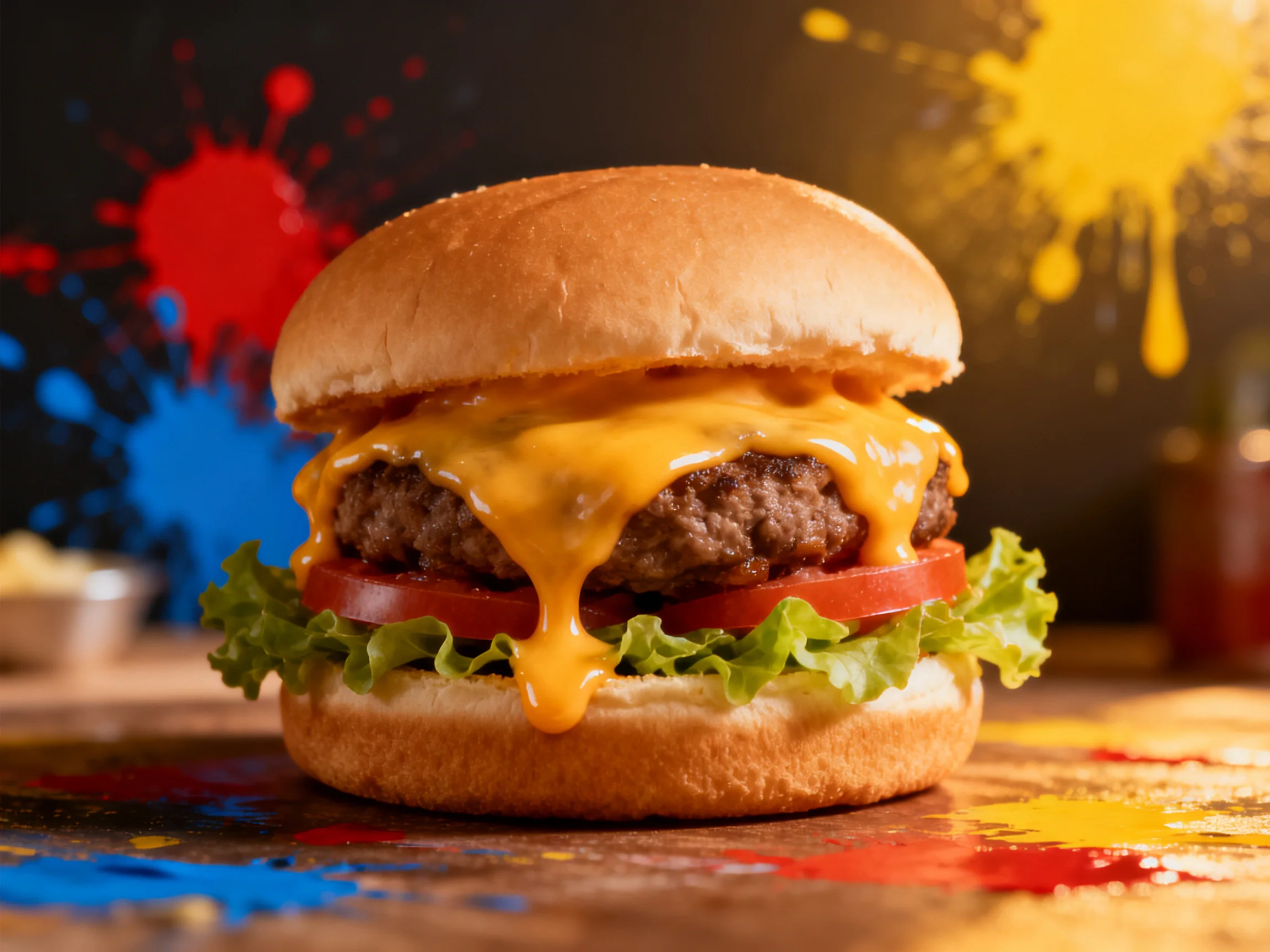 A melted cheddar cheeseburger with fresh veggies and colorful paint splatters