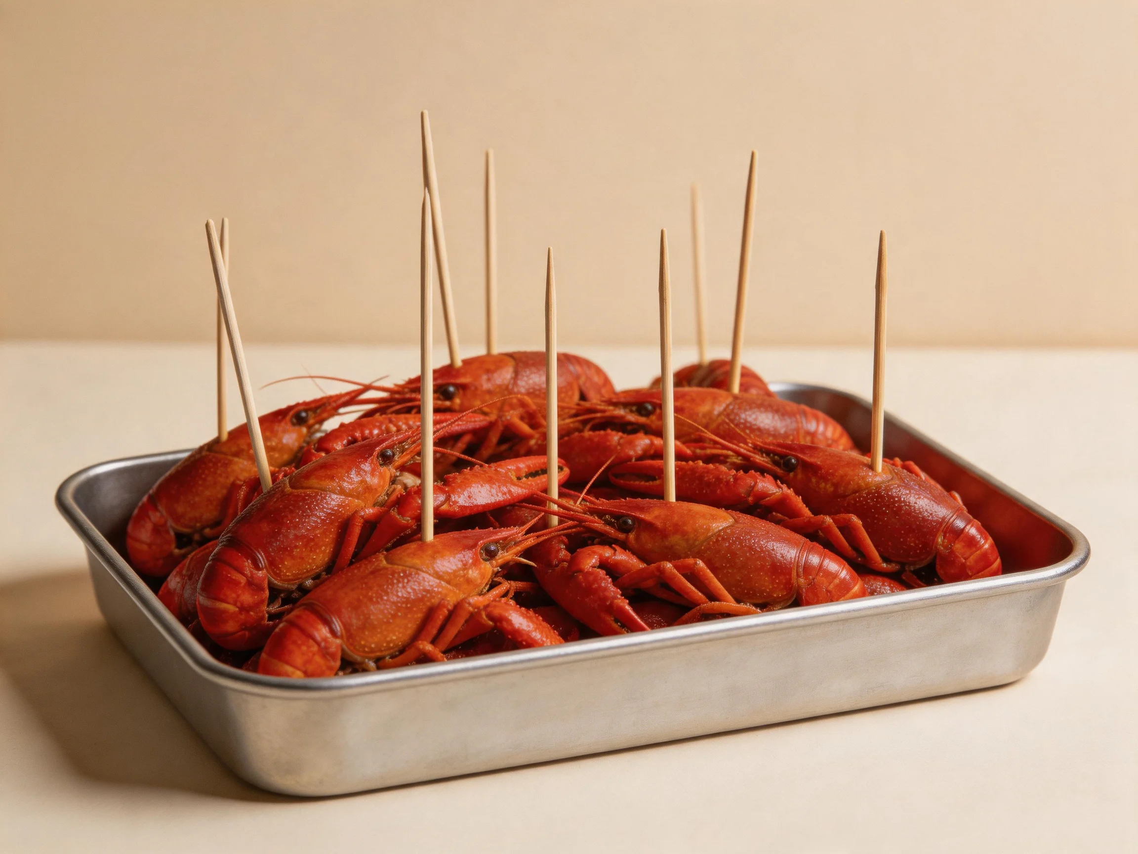 A metal tray filled with bright red boiled crawfish and wooden toothpicks