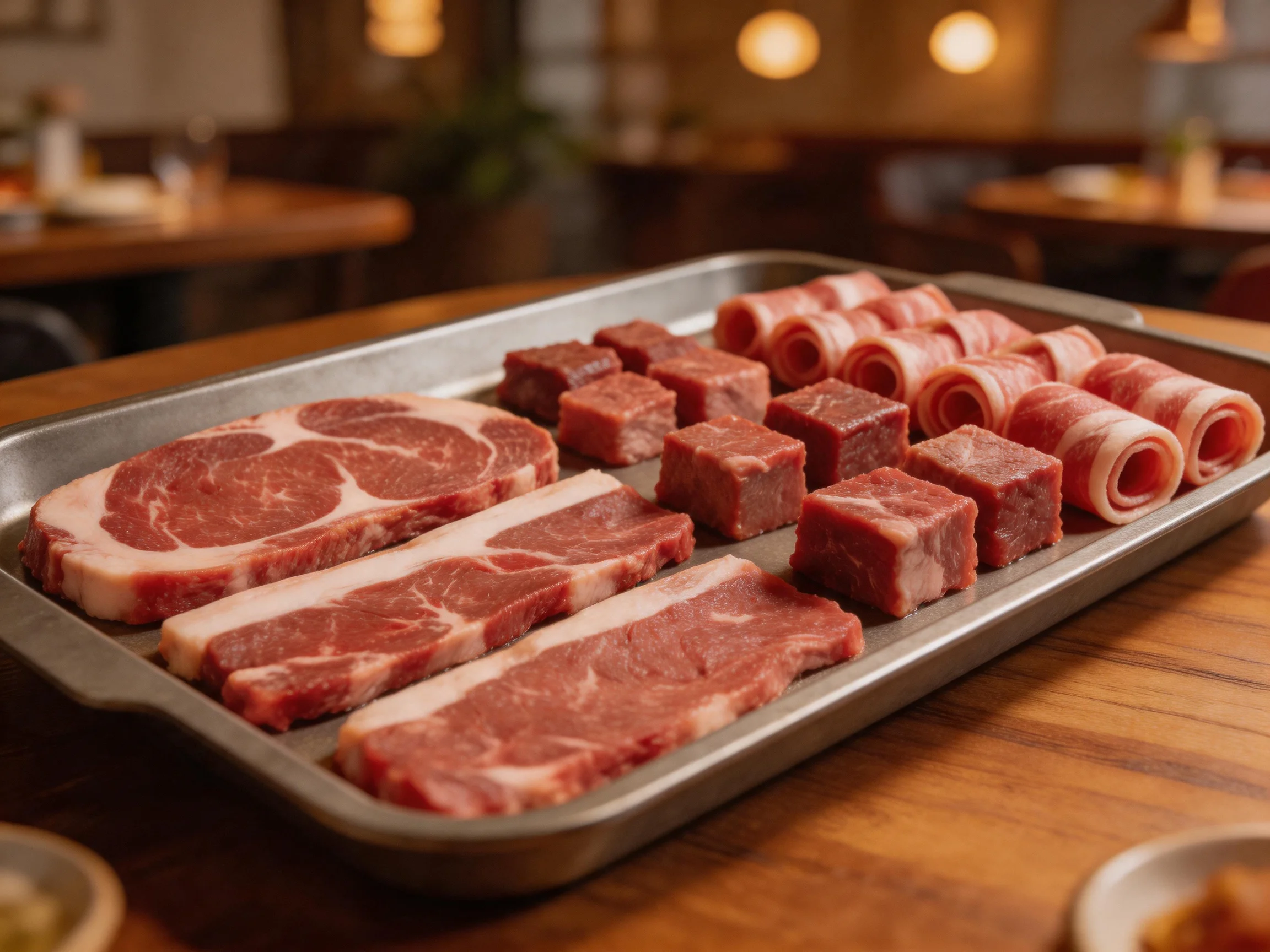 A metal tray showcases assorted raw red meats: slices, cubes, and rolled portions.