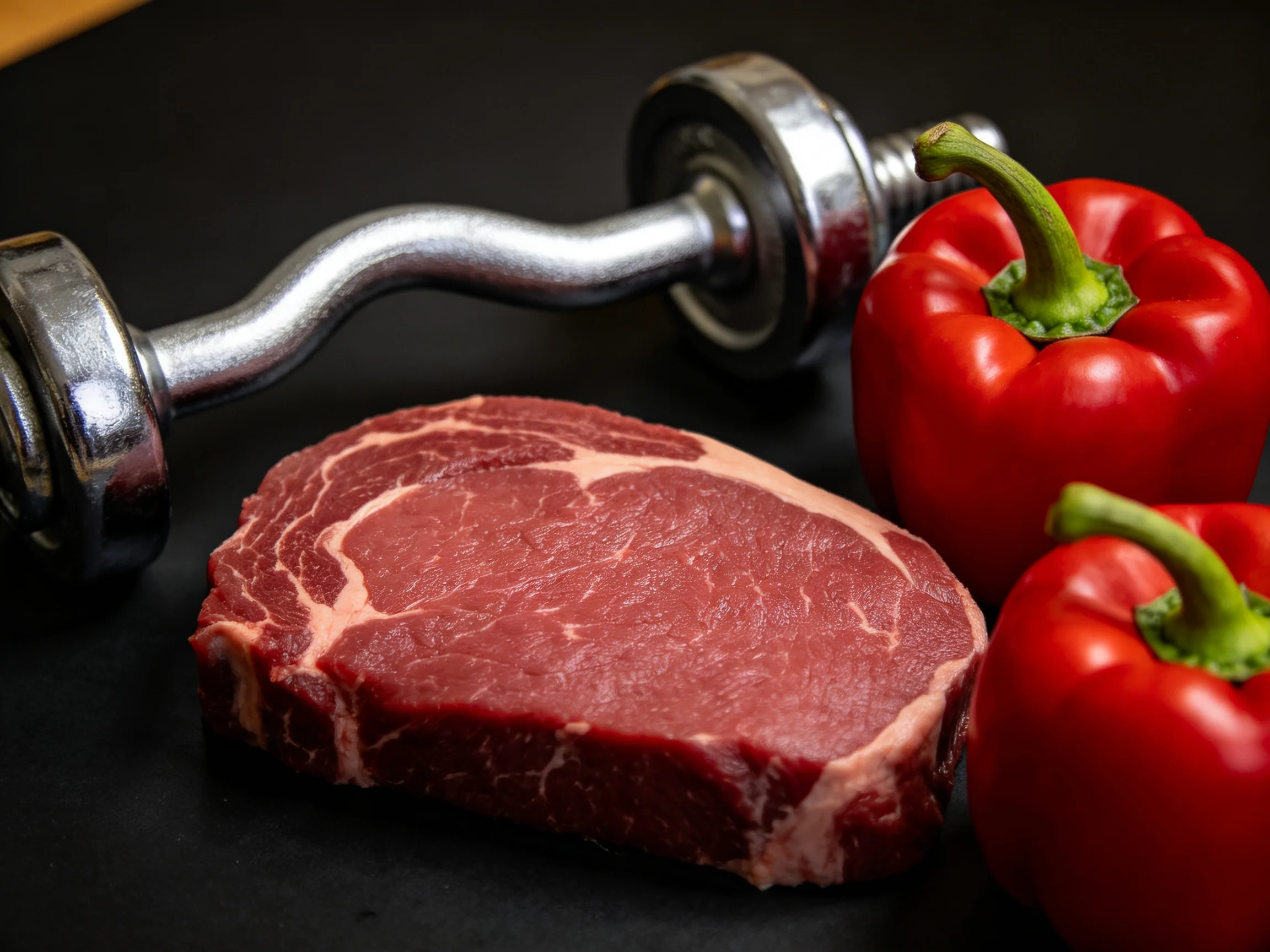 A metallic dumbbell, raw steak, and two vibrant red bell peppers on a dark surface