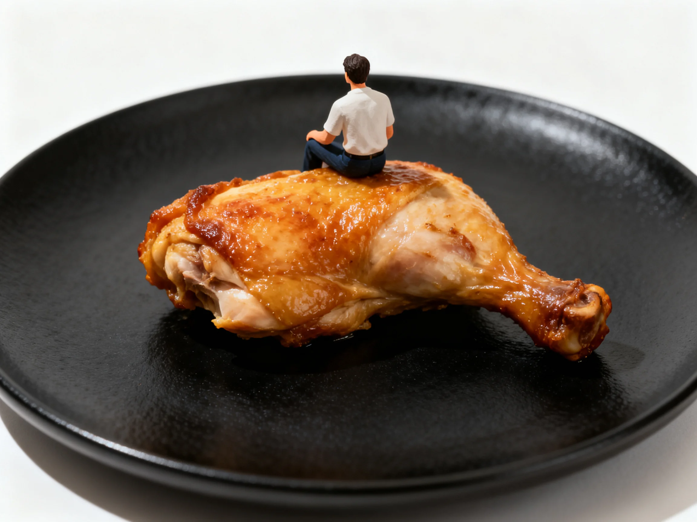 A miniature figure sits atop a golden-brown roasted chicken leg on a black plate