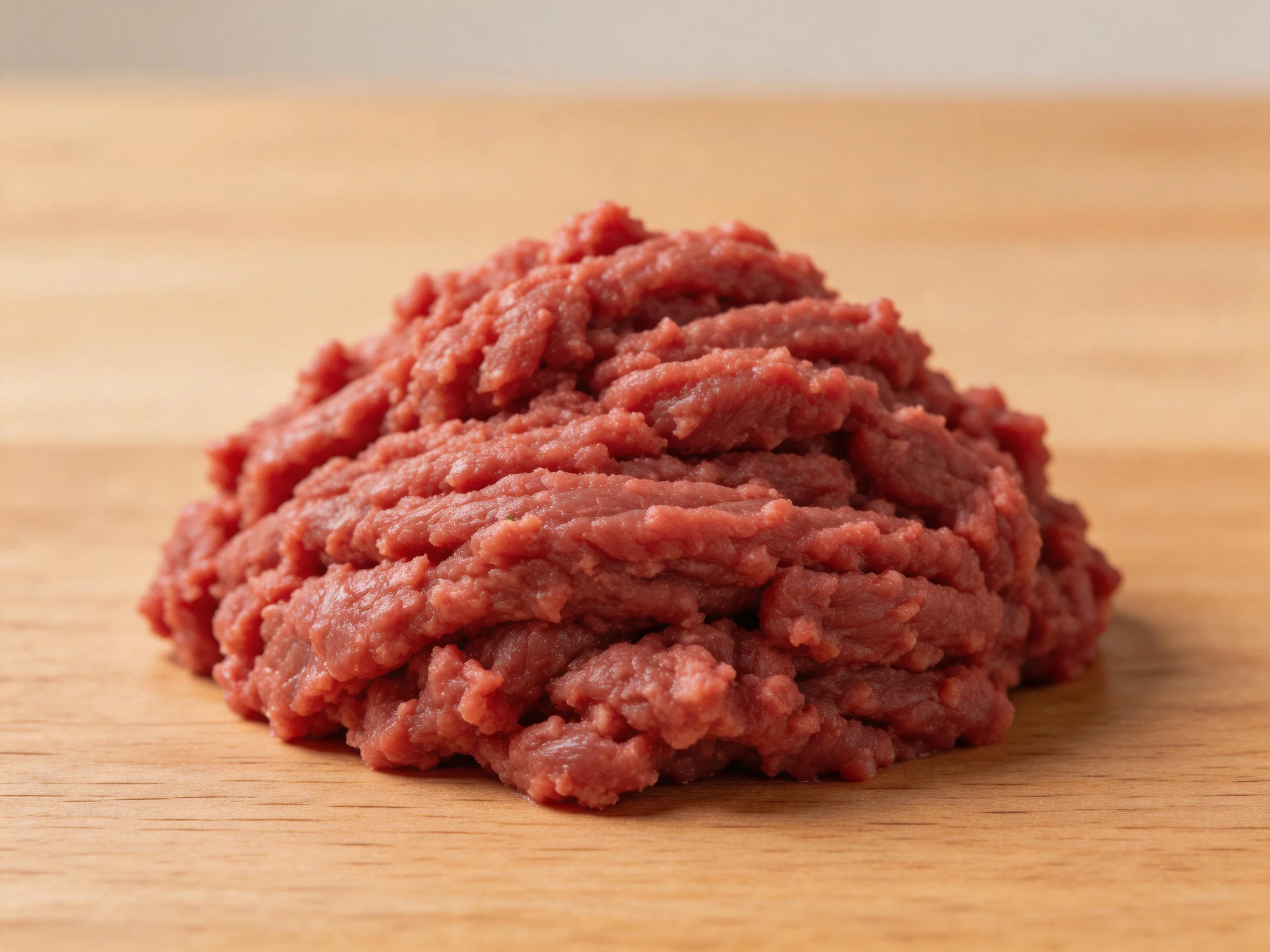 A mound of fresh ground beef on a wooden cutting board