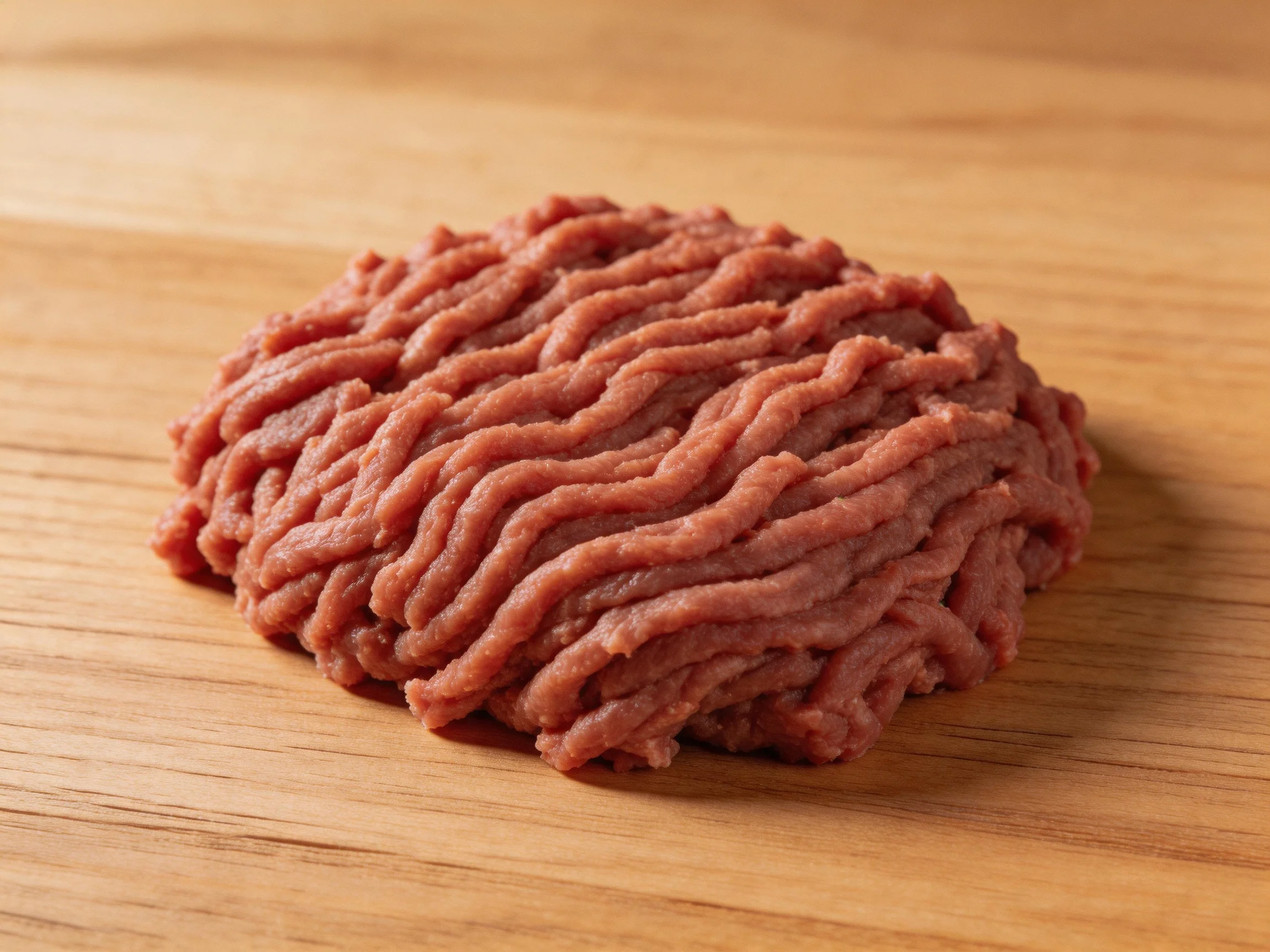 A mound of fresh ground beef on a wooden cutting board