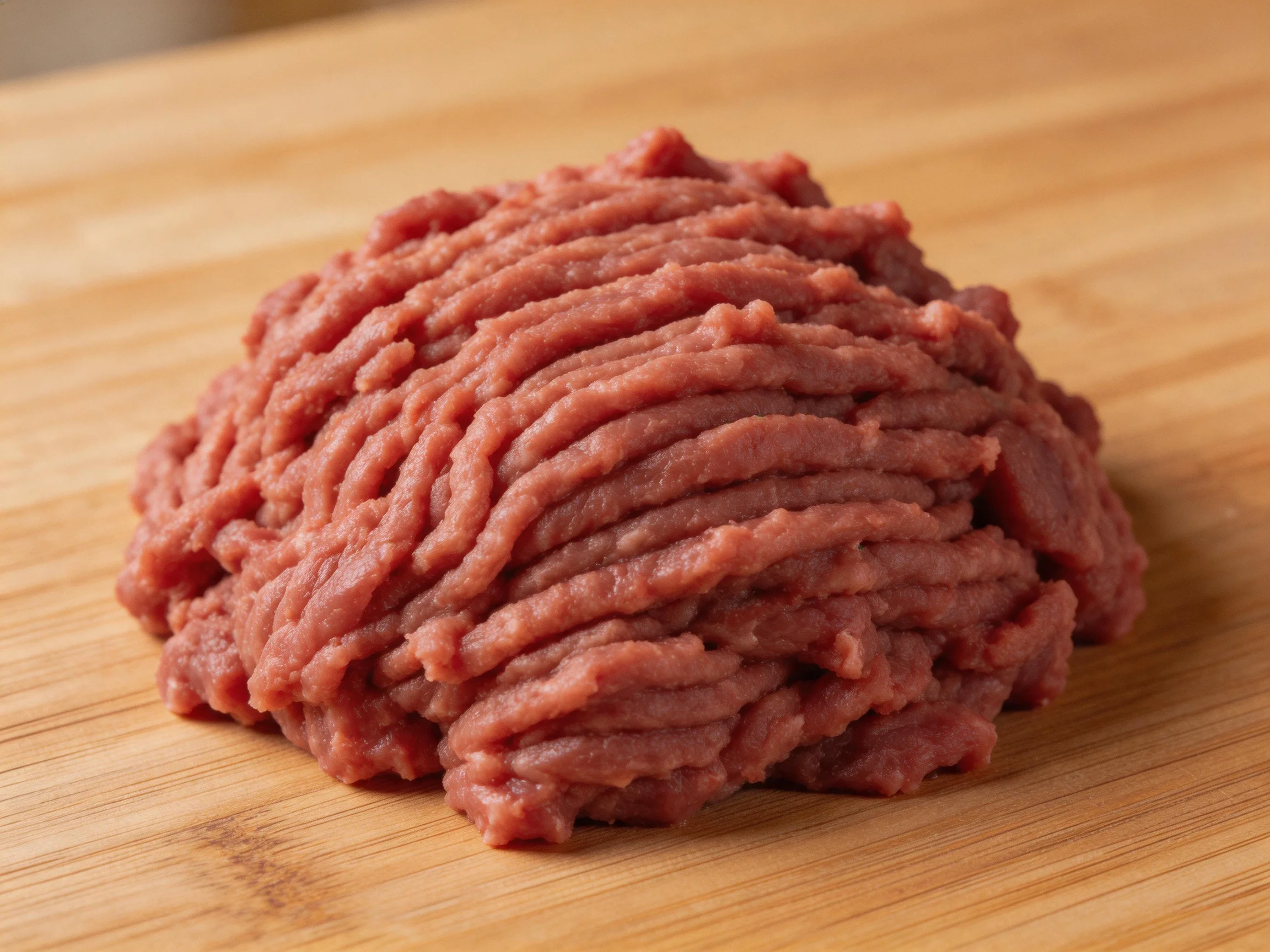 A mound of fresh ground beef on a wooden cutting board