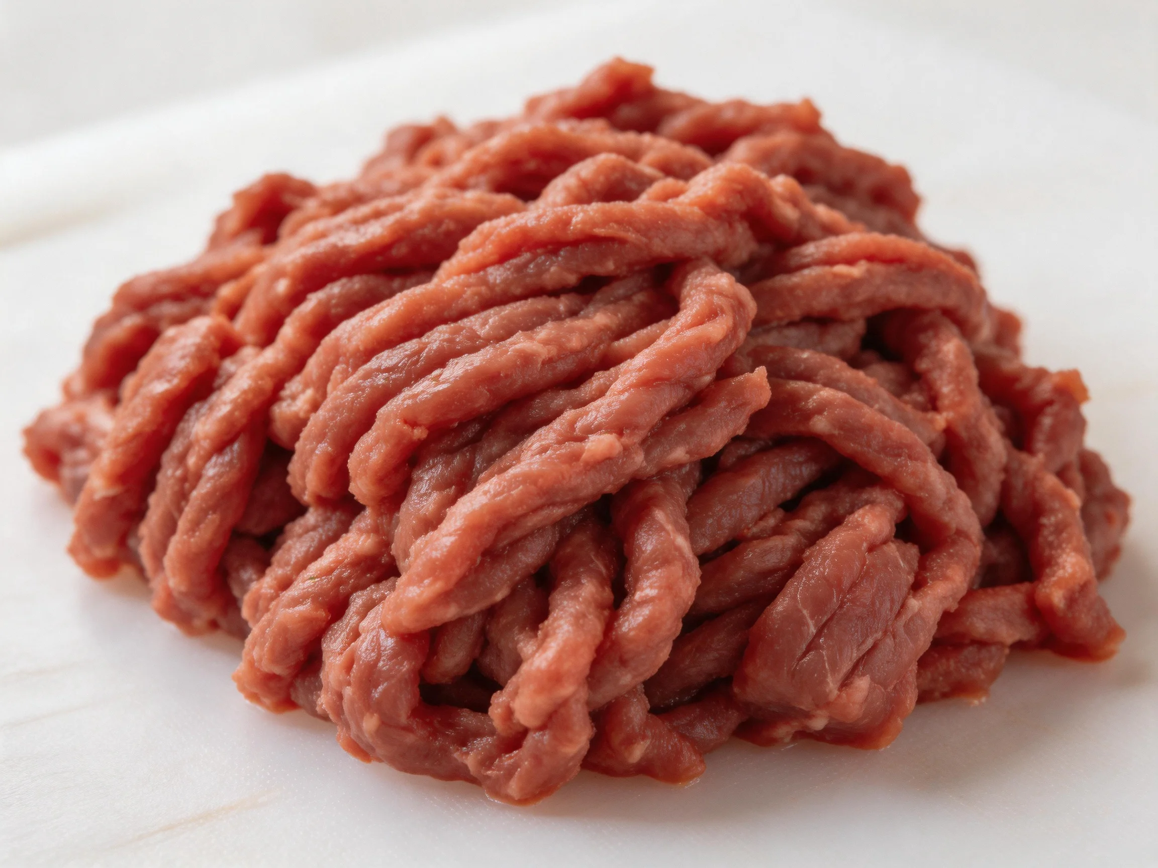 A mound of fresh raw ground beef with rich reddish-brown tones