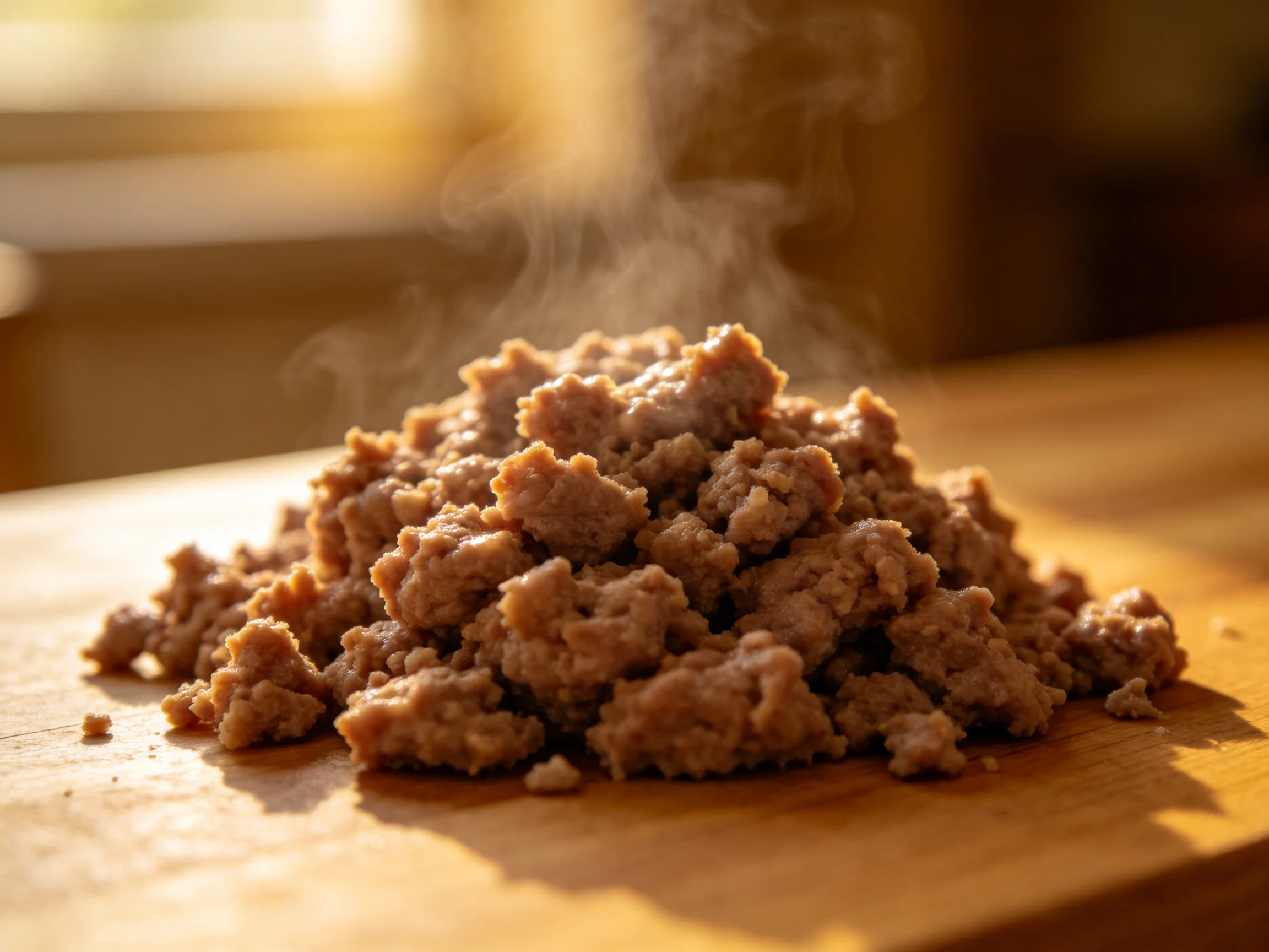 A mound of freshly cooked ground meat with steam on a wooden board