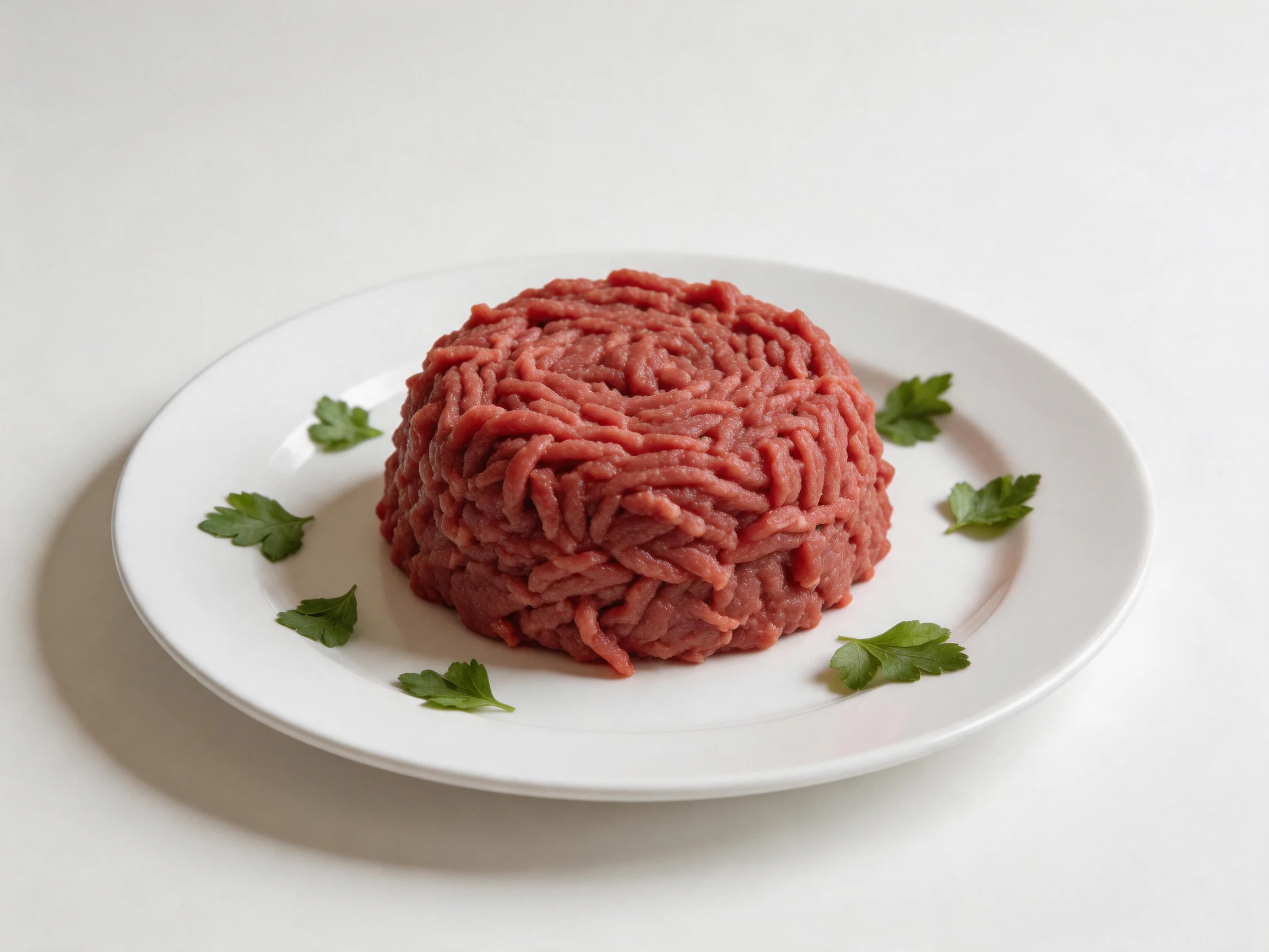 A mound of raw ground beef on a white plate with parsley garnish