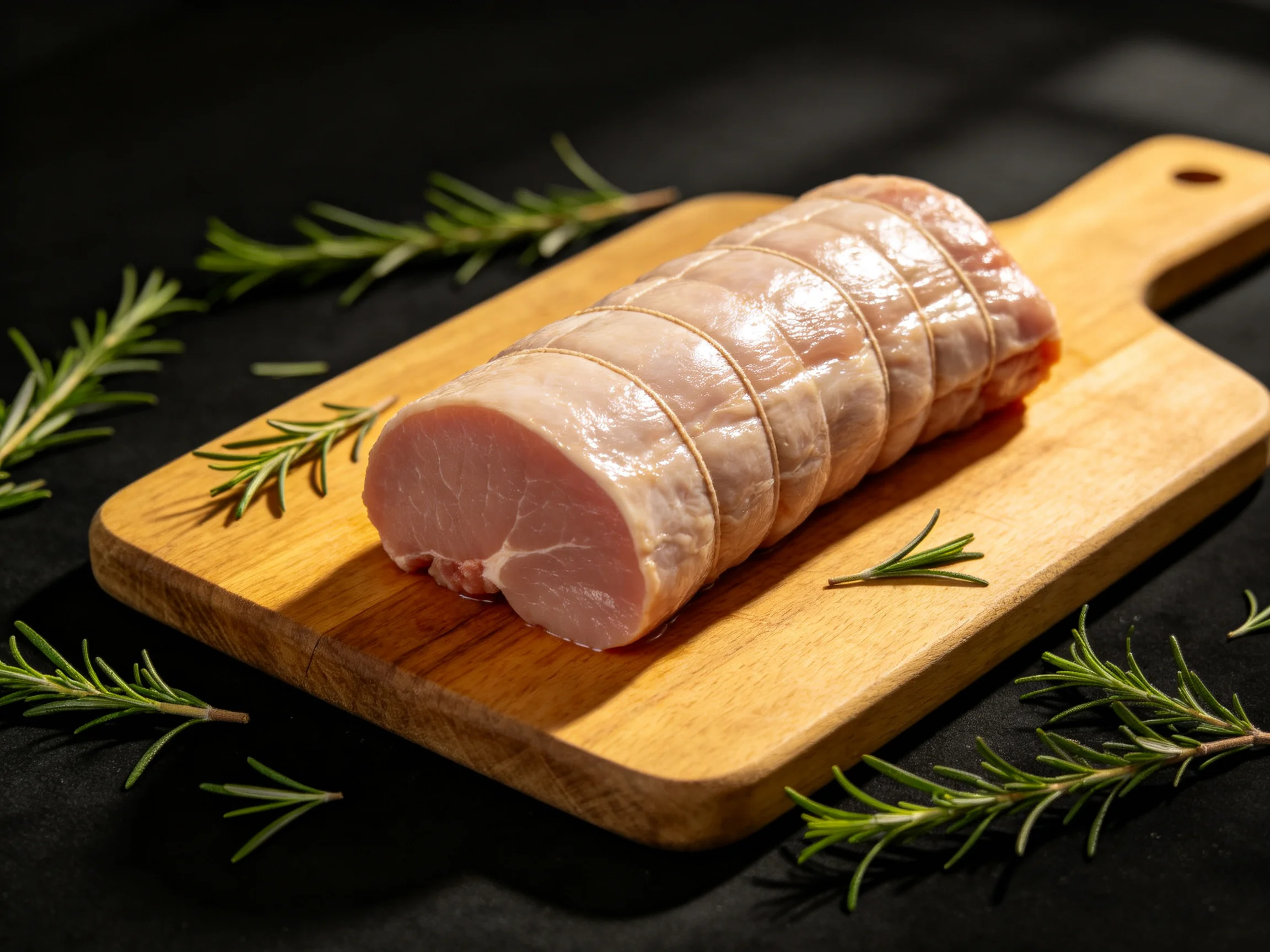 A neatly rolled pork roast on a wooden cutting board with rosemary sprigs