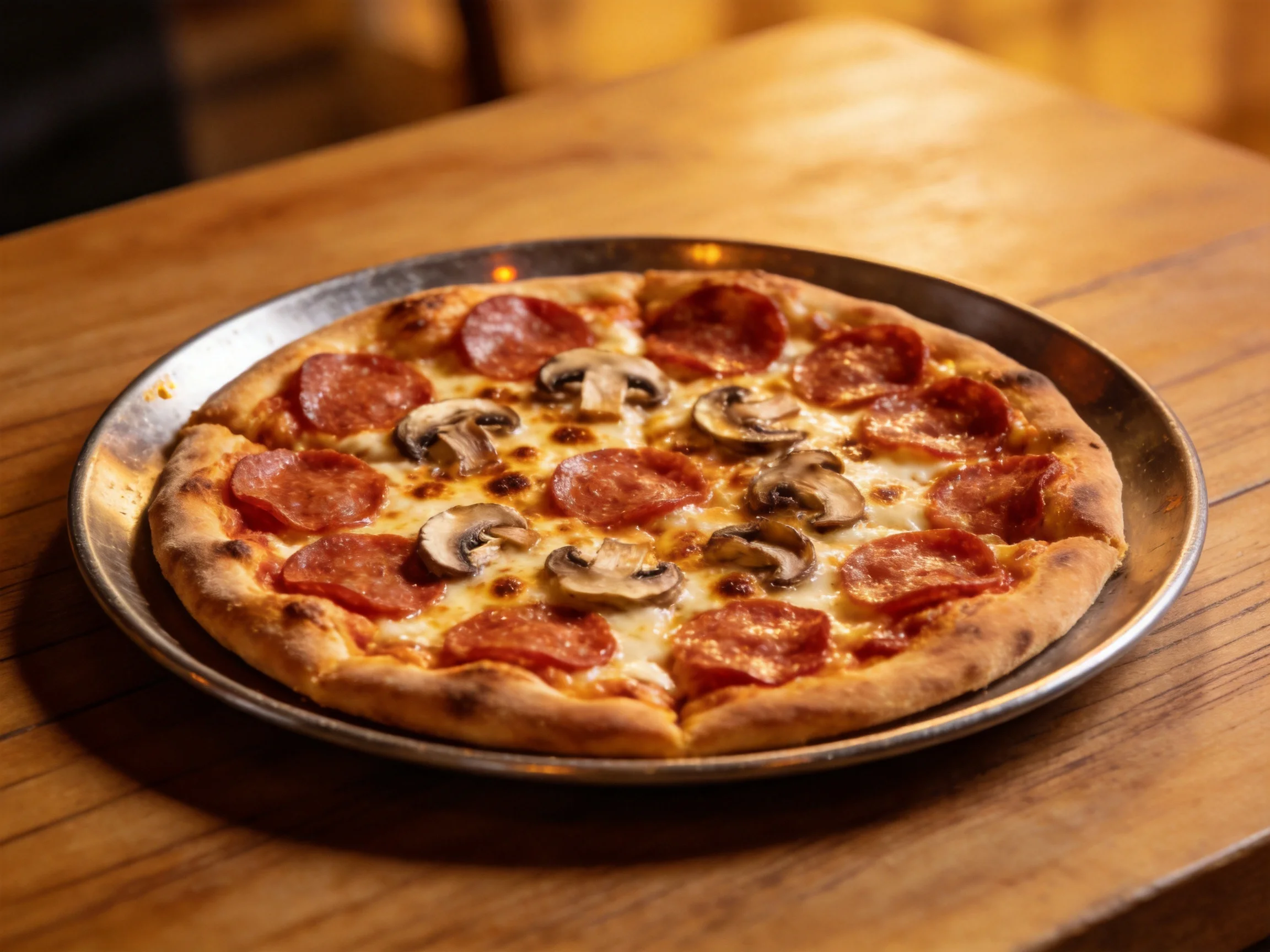 A pepperoni and mushroom pizza sits on a metal tray atop a wooden table