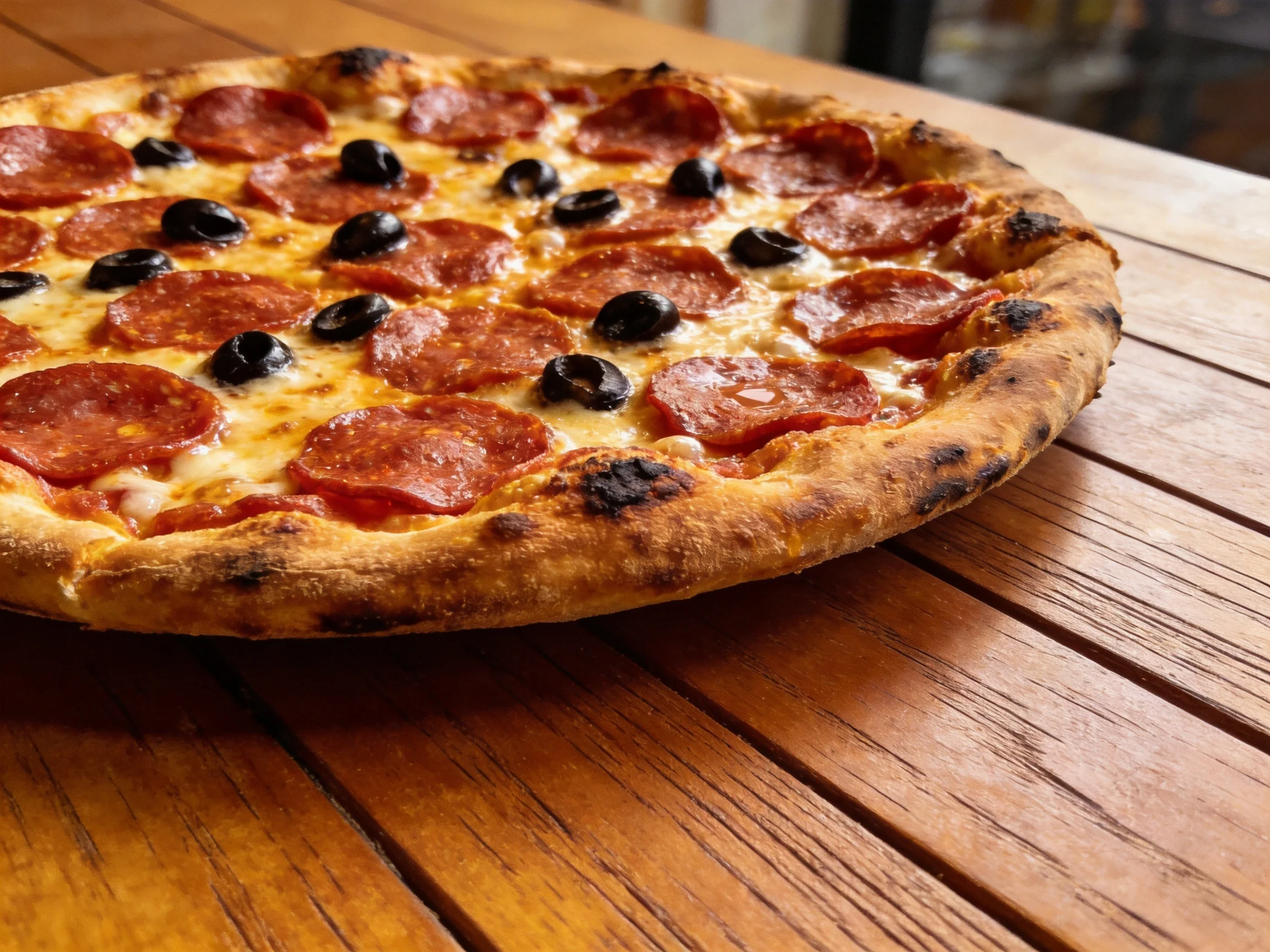 A pepperoni and olive pizza with a golden crust on a wooden table