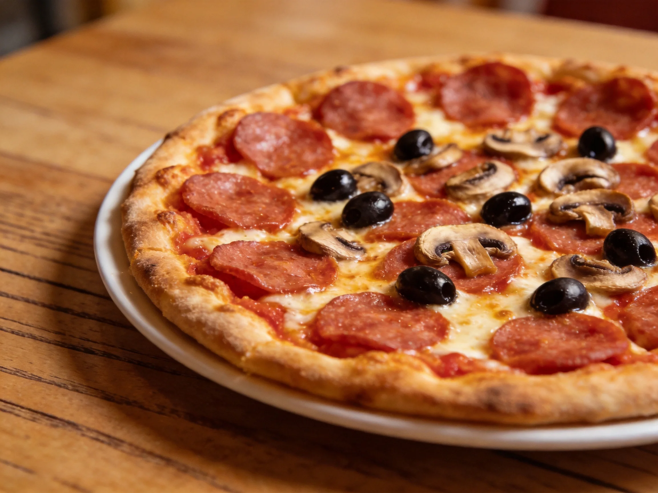 A pepperoni, olive, and mushroom-topped pizza on a white plate