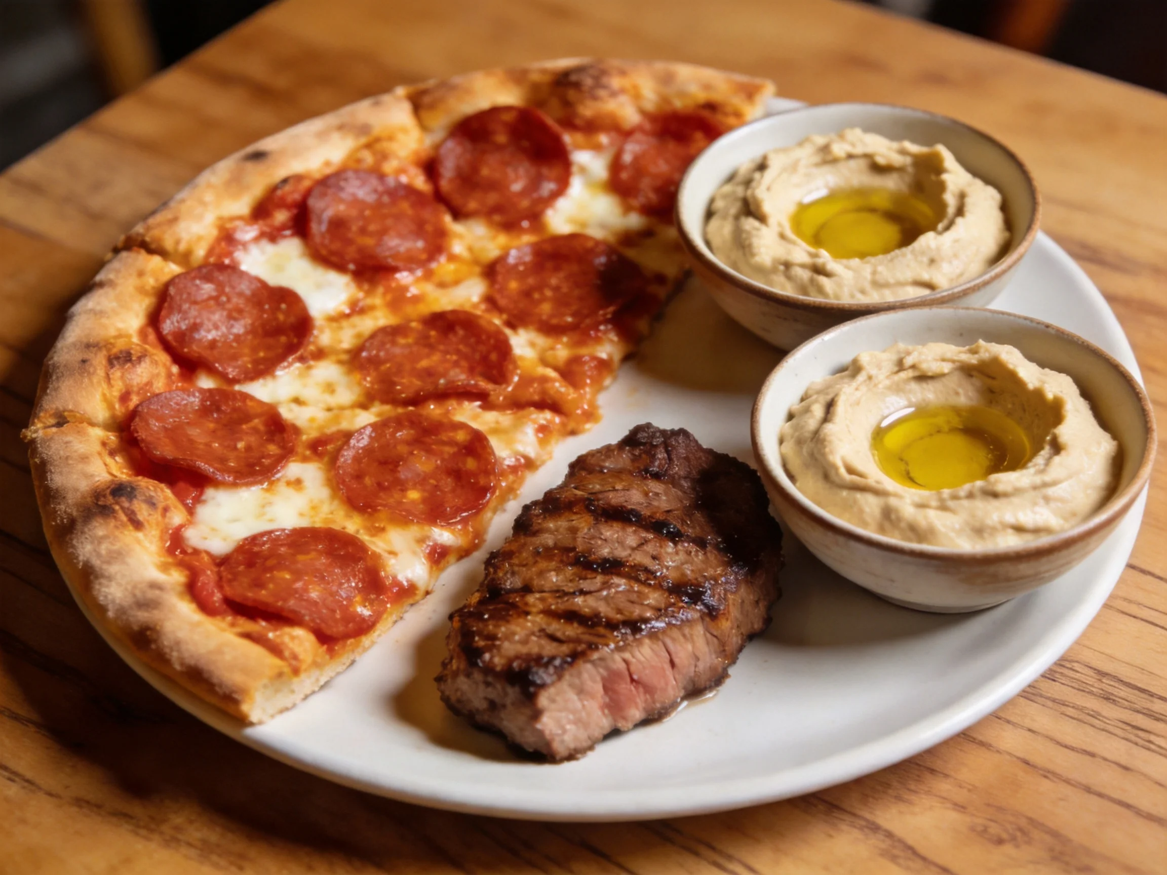 A pepperoni pizza, steak, and two hummus bowls on a white plate