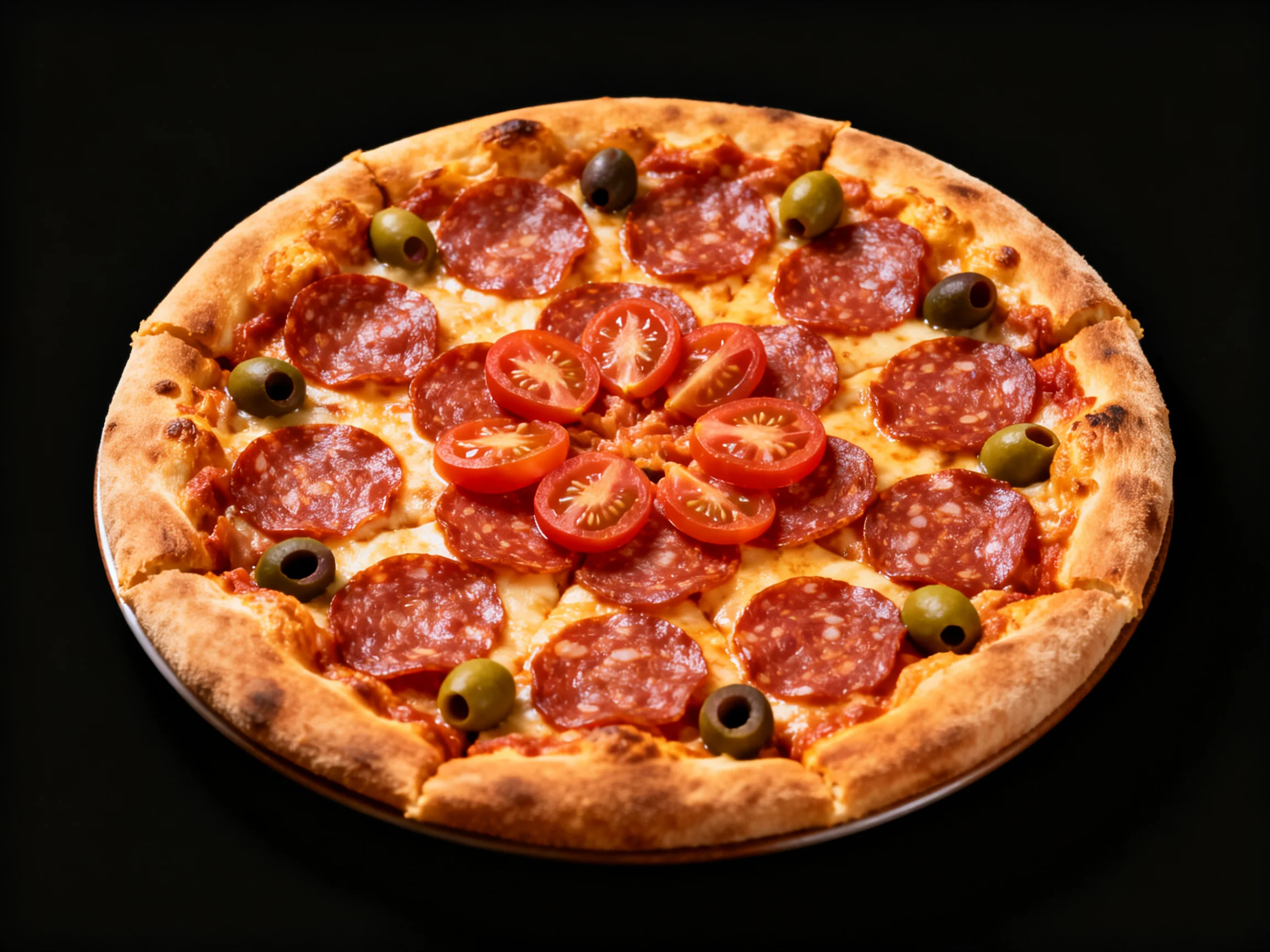 A pepperoni pizza with cherry tomatoes and green olives is displayed on a dark background.