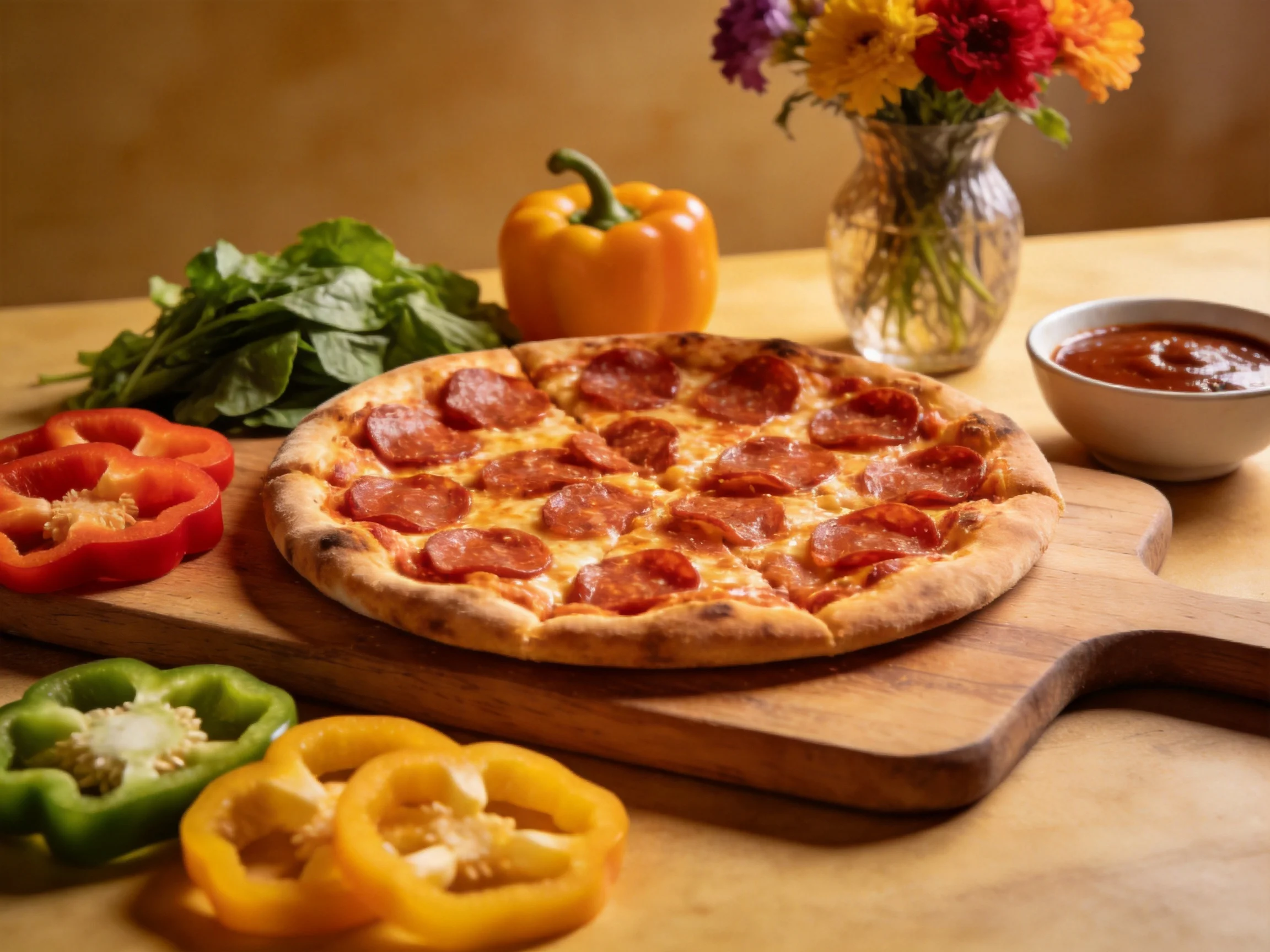 A pepperoni pizza with colorful bell peppers and fresh greens