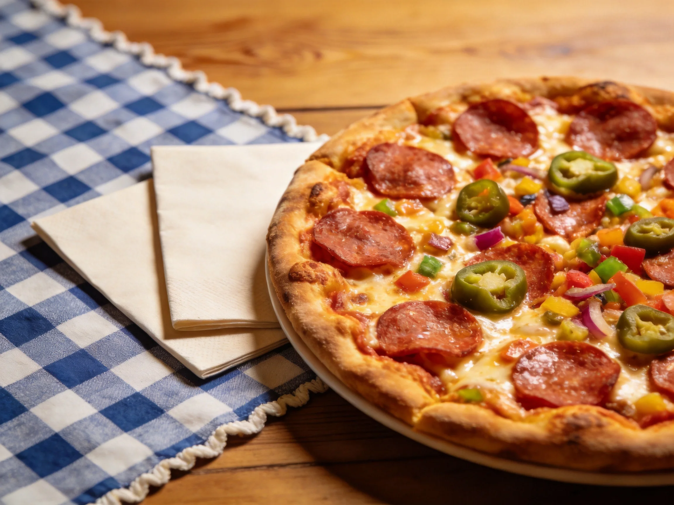 A pepperoni pizza with jalapenos and veggies beside napkins on a blue checkered cloth