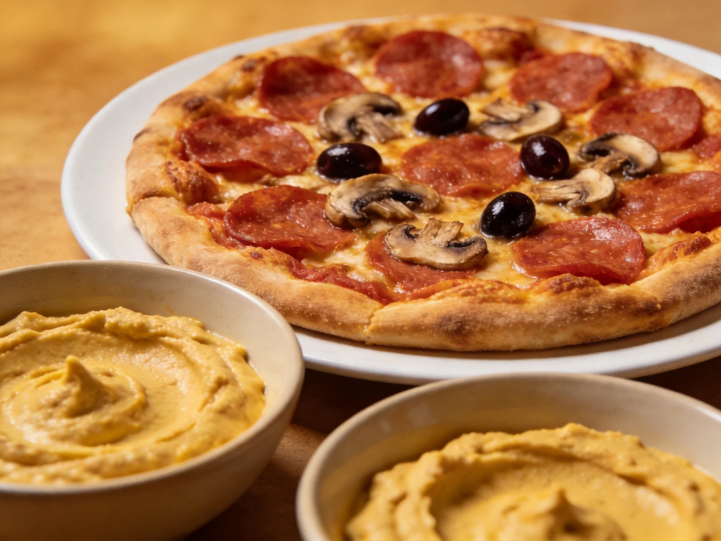 A pepperoni pizza with olives, mushrooms, and hummus dips