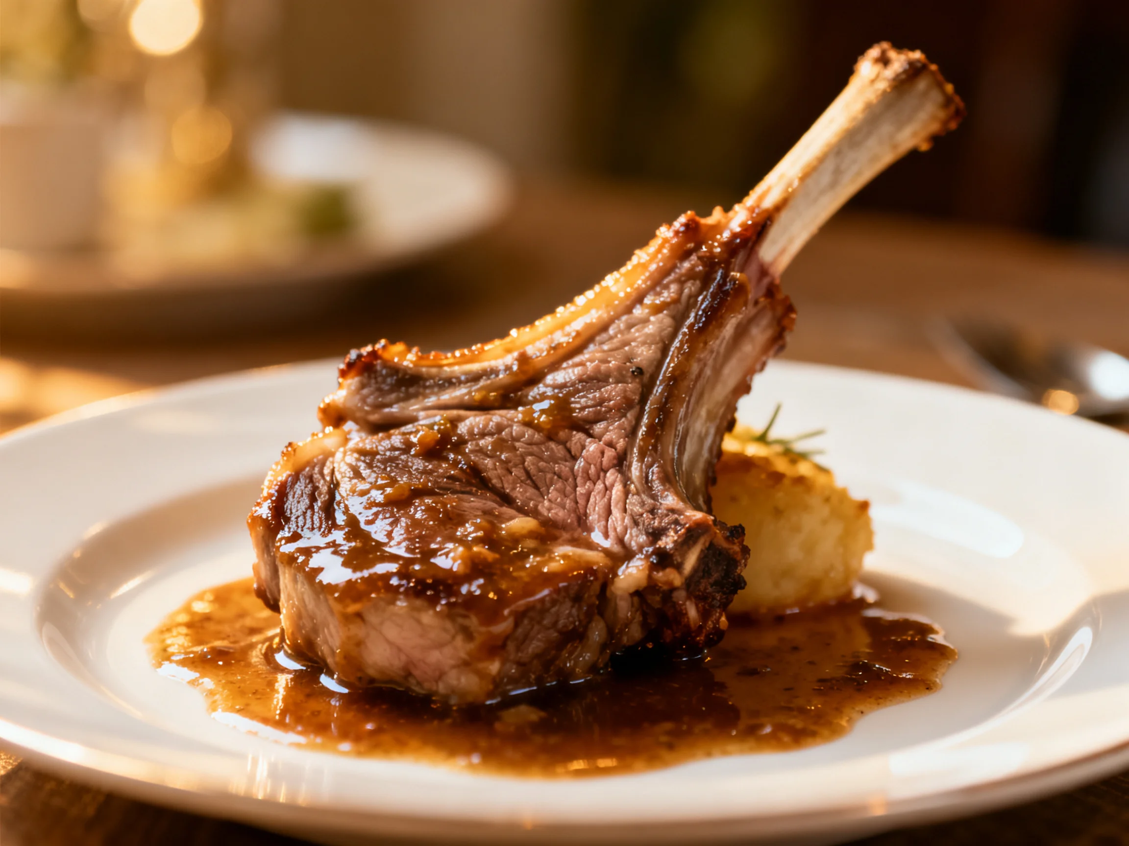 A perfectly cooked lamb chop with rich brown sauce on a white plate
