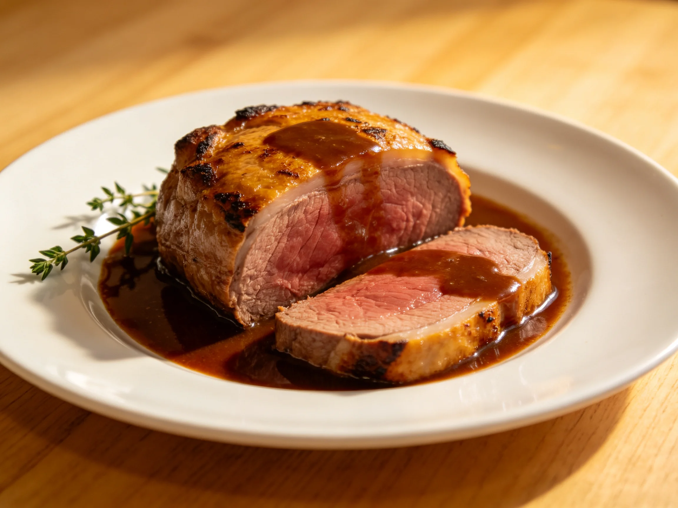 A perfectly cooked medium-rare roast beef with rich brown sauce on a white plate