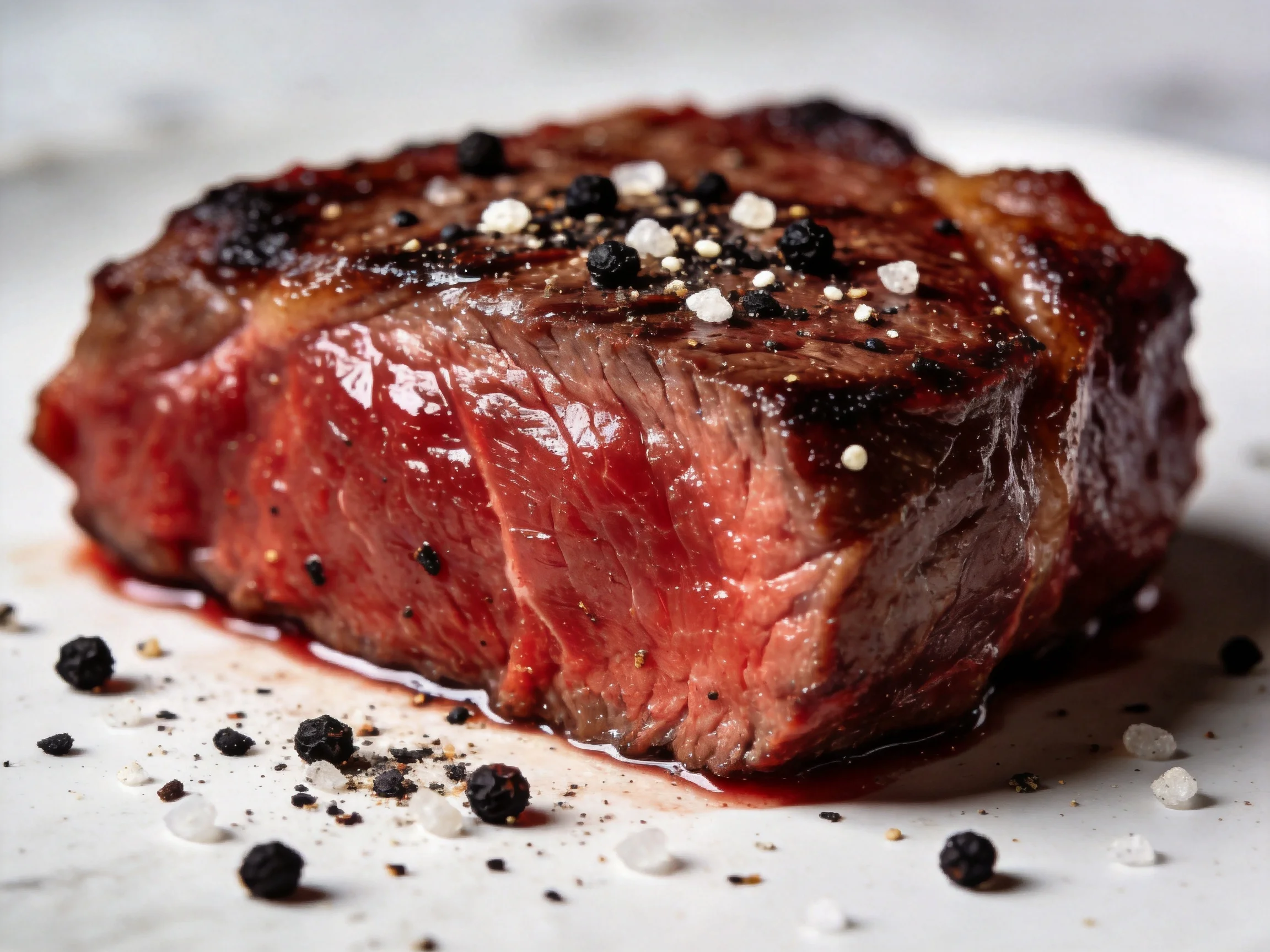 A perfectly cooked medium-rare steak garnished with black pepper and sea salt