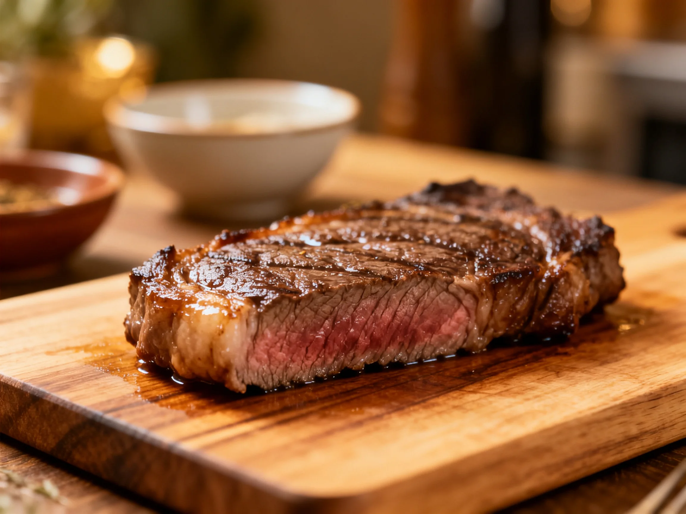 A perfectly cooked medium-rare steak rests on a wooden cutting board