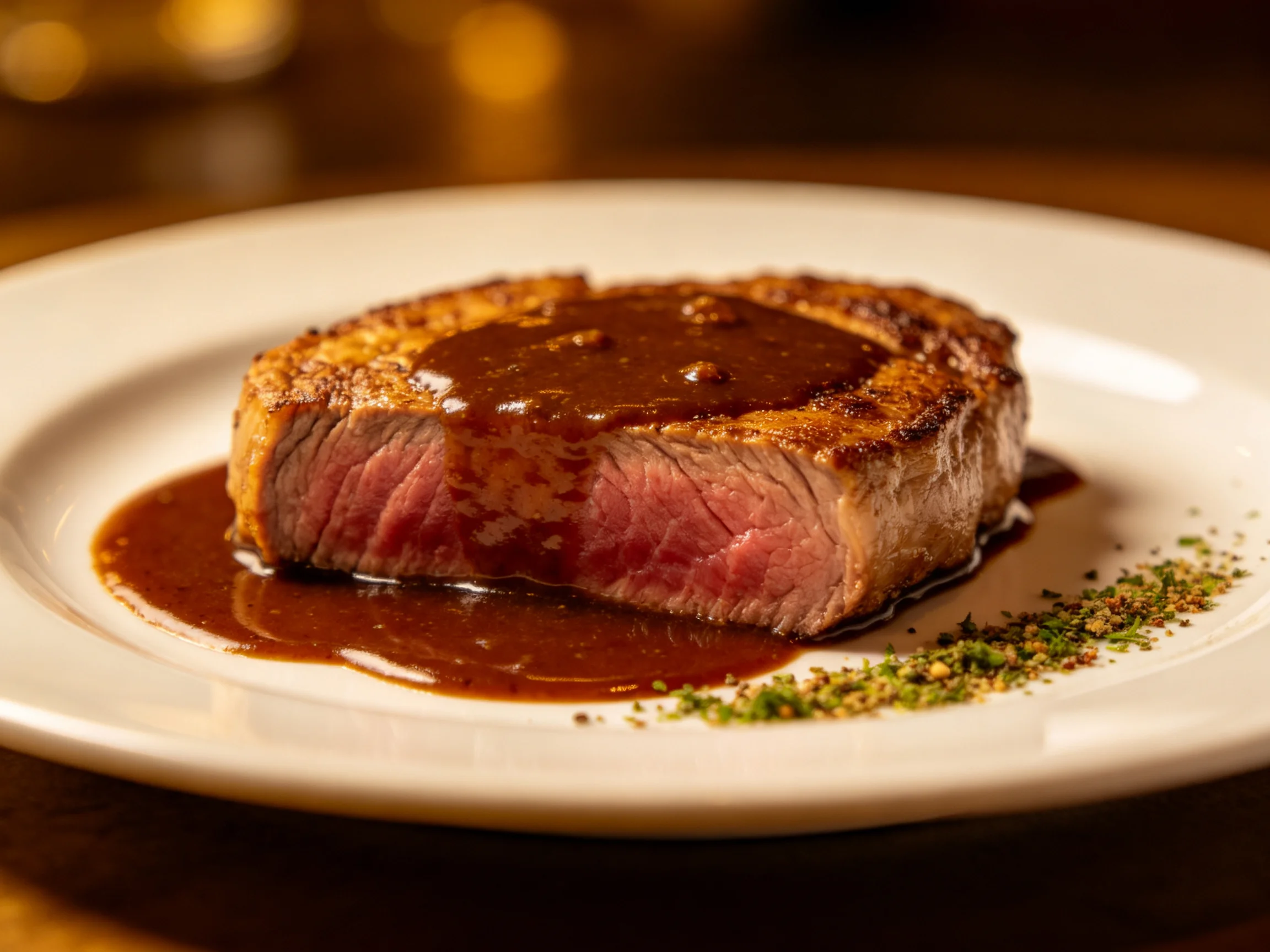 A perfectly cooked medium-rare steak topped with rich brown sauce on a white plate