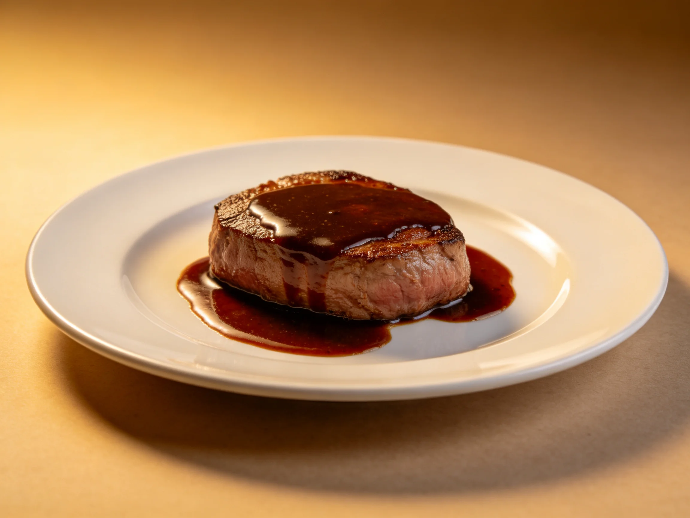 A perfectly cooked steak with dark brown sauce on a white plate