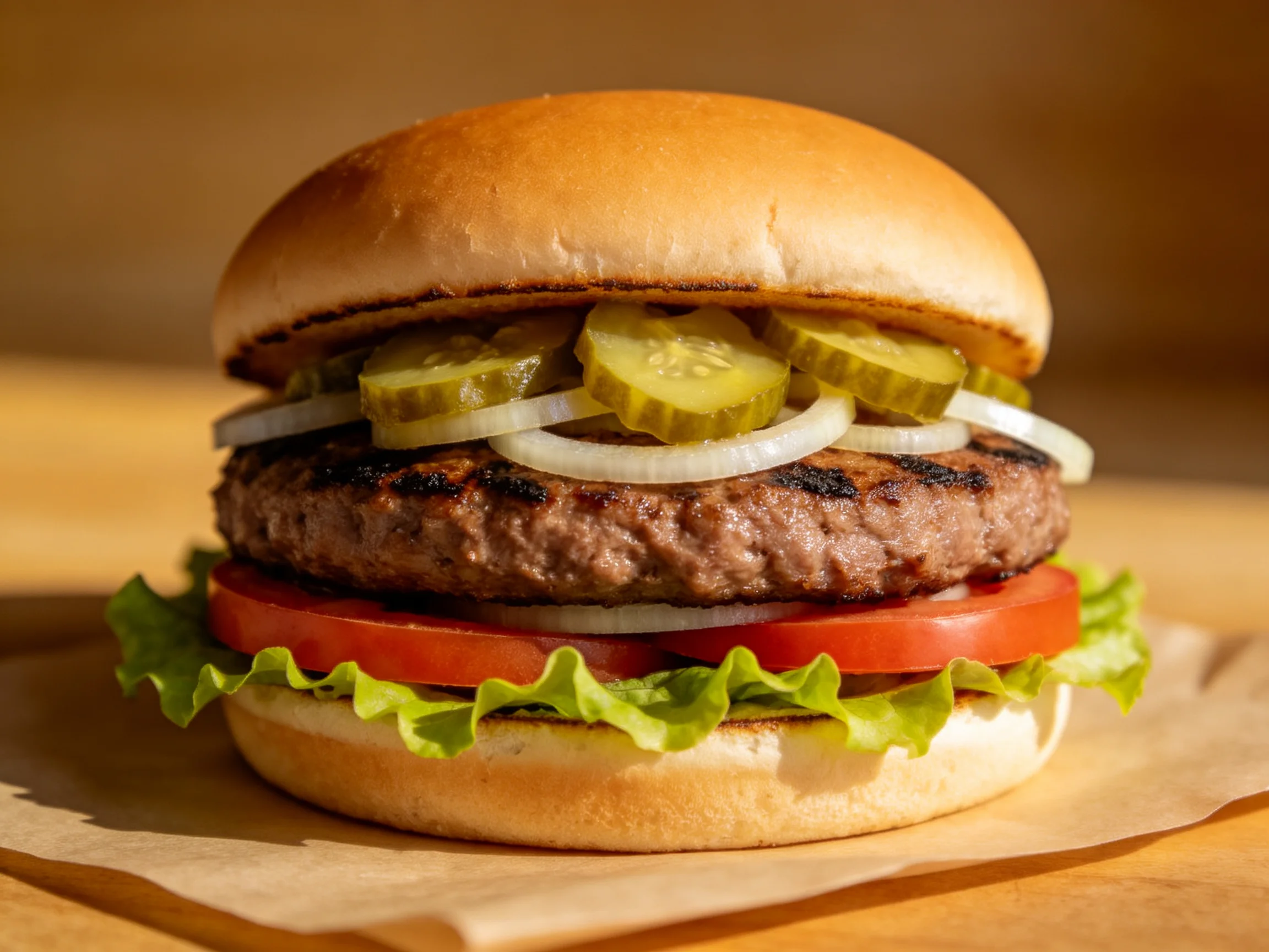 A perfectly grilled hamburger layered with pickles, onions, tomato, and lettuce