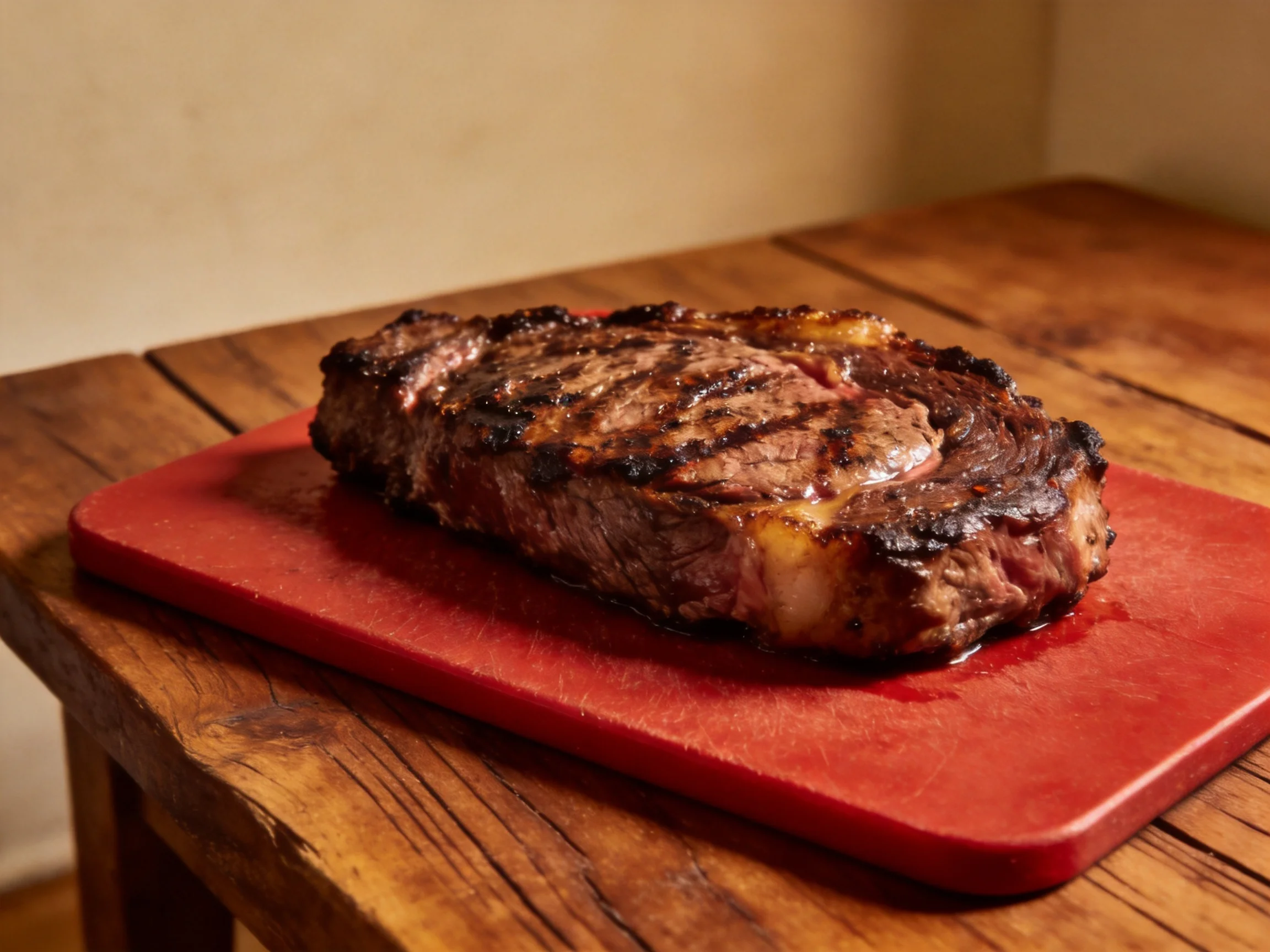 A perfectly grilled ribeye steak on a red cutting board