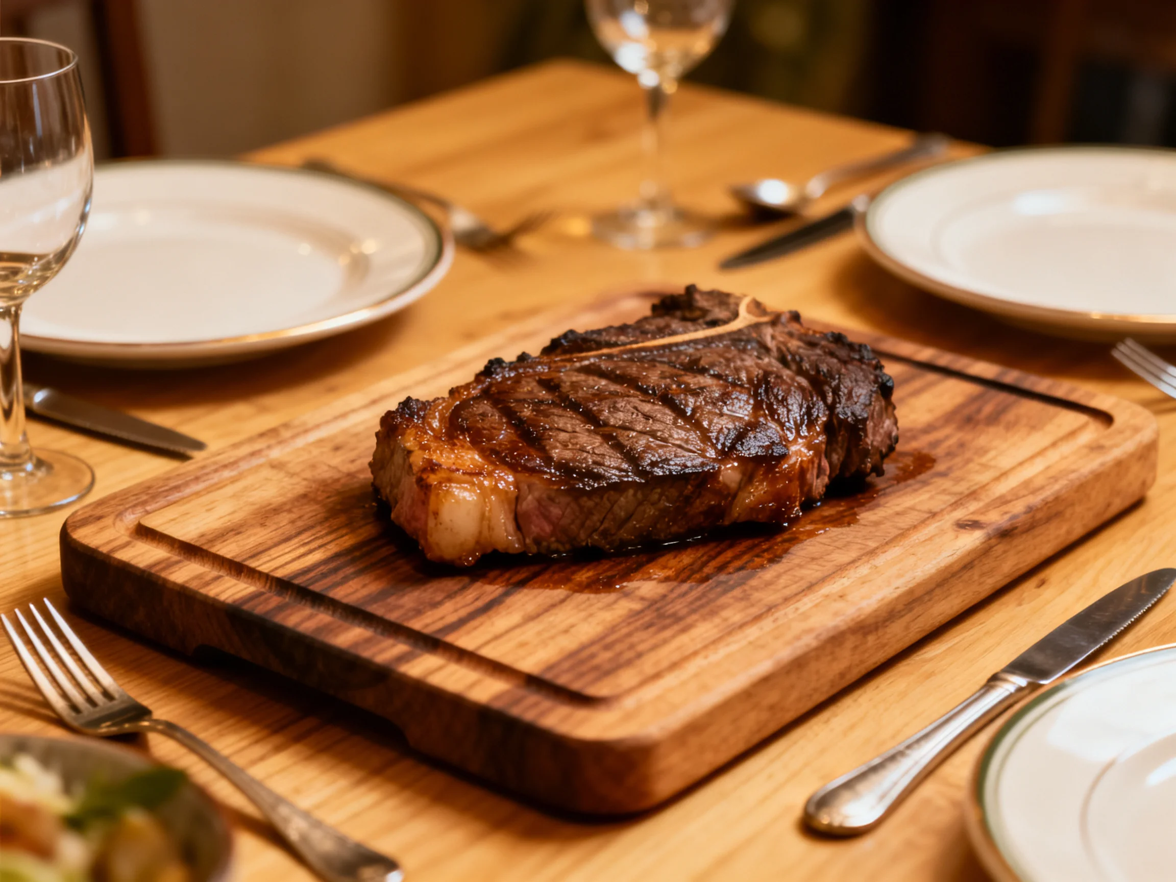 A perfectly grilled steak on a polished wooden board with dining utensils and plates