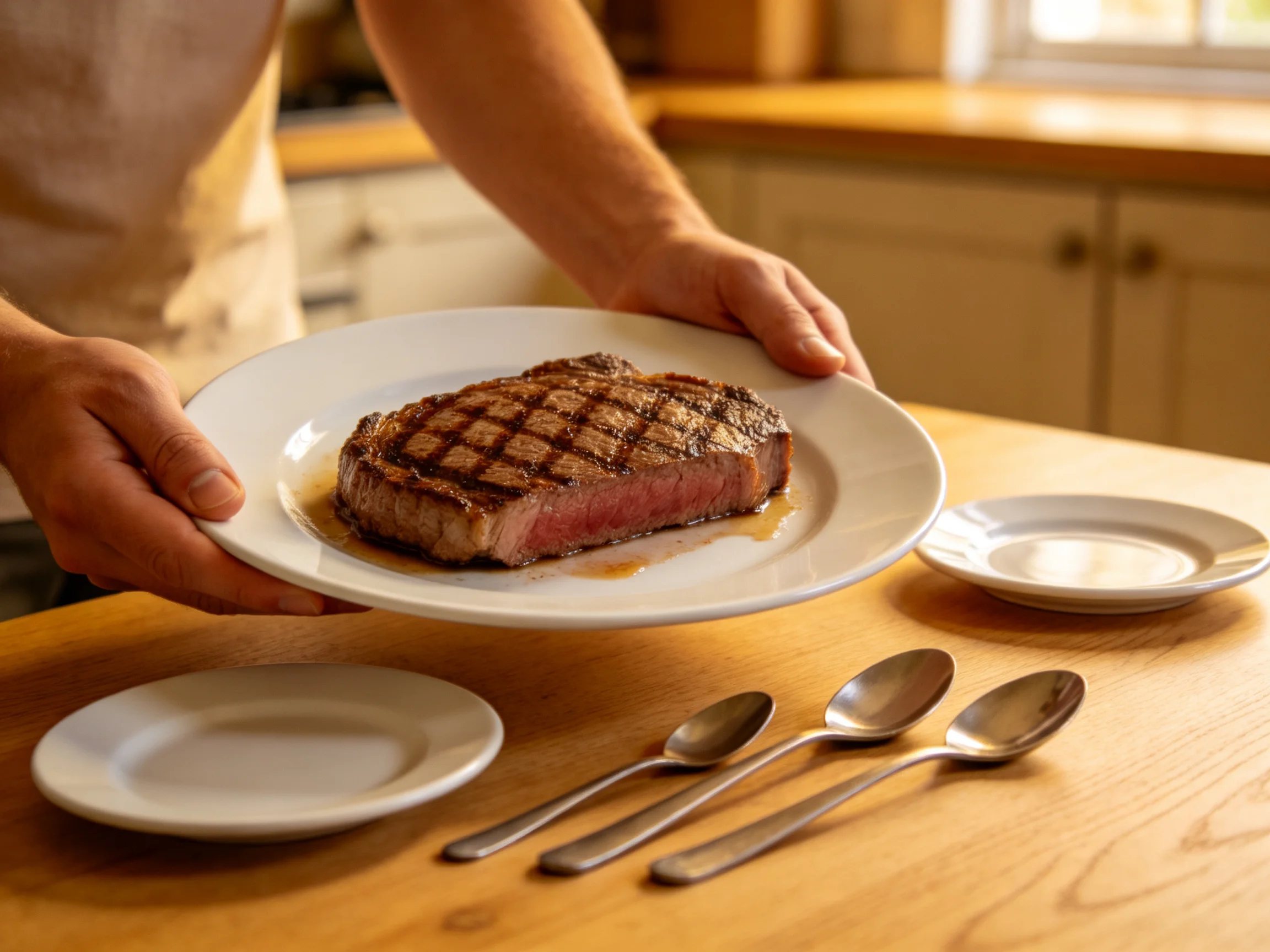 A perfectly grilled steak served on a white plate in a cozy kitchen