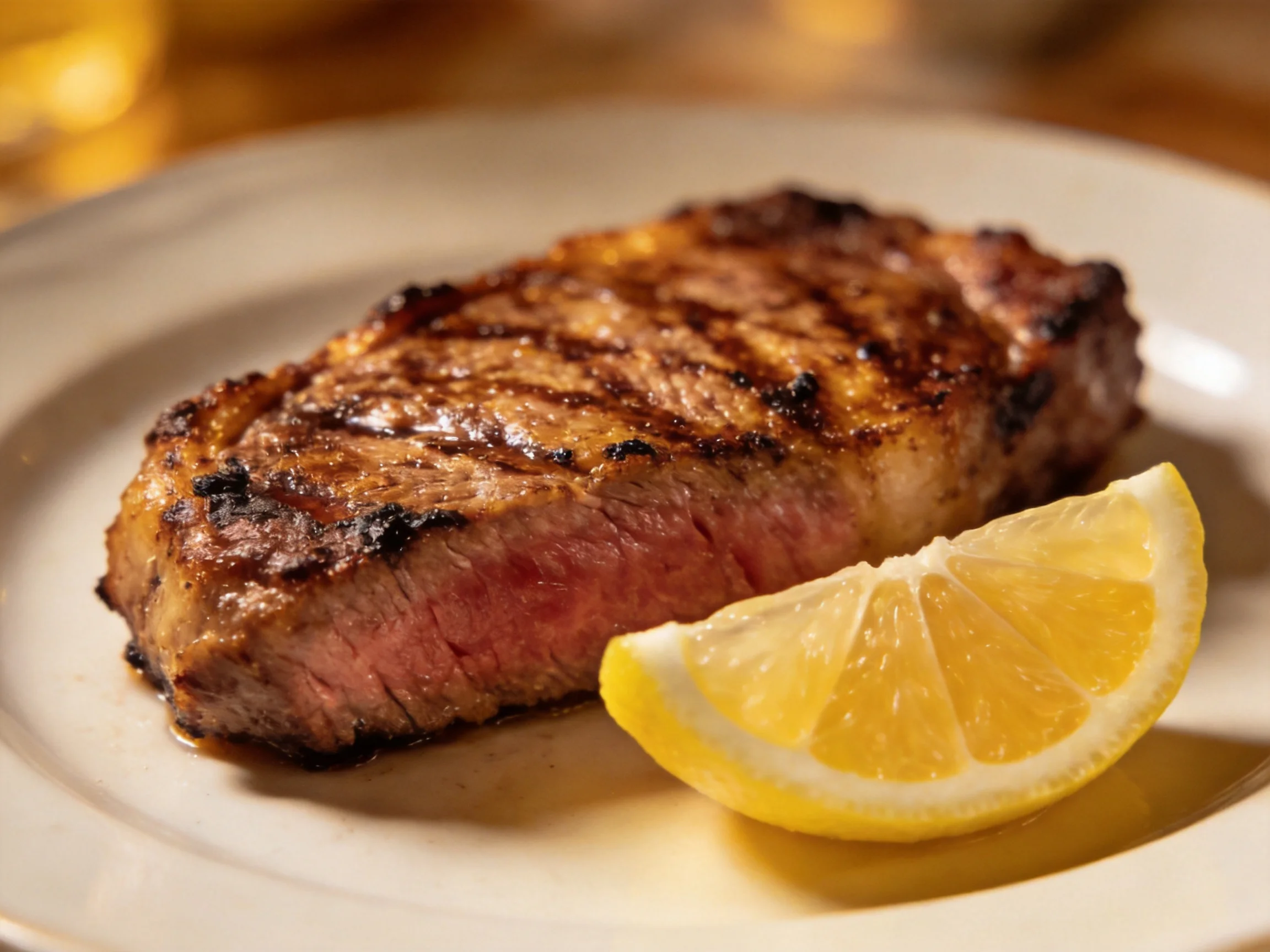 A perfectly grilled steak served with a fresh lemon wedge on a white plate