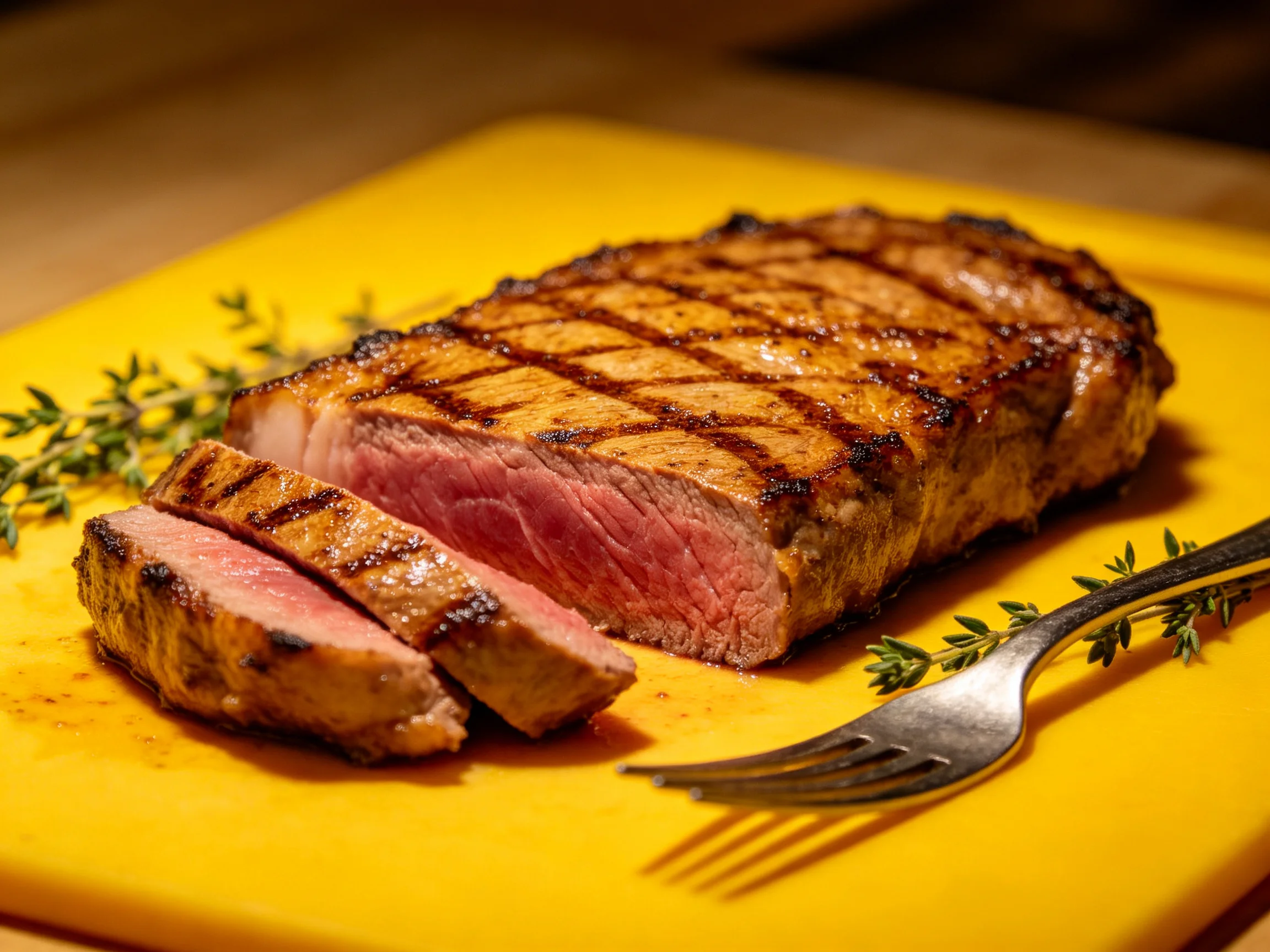 A perfectly grilled steak sliced on a bright yellow cutting board