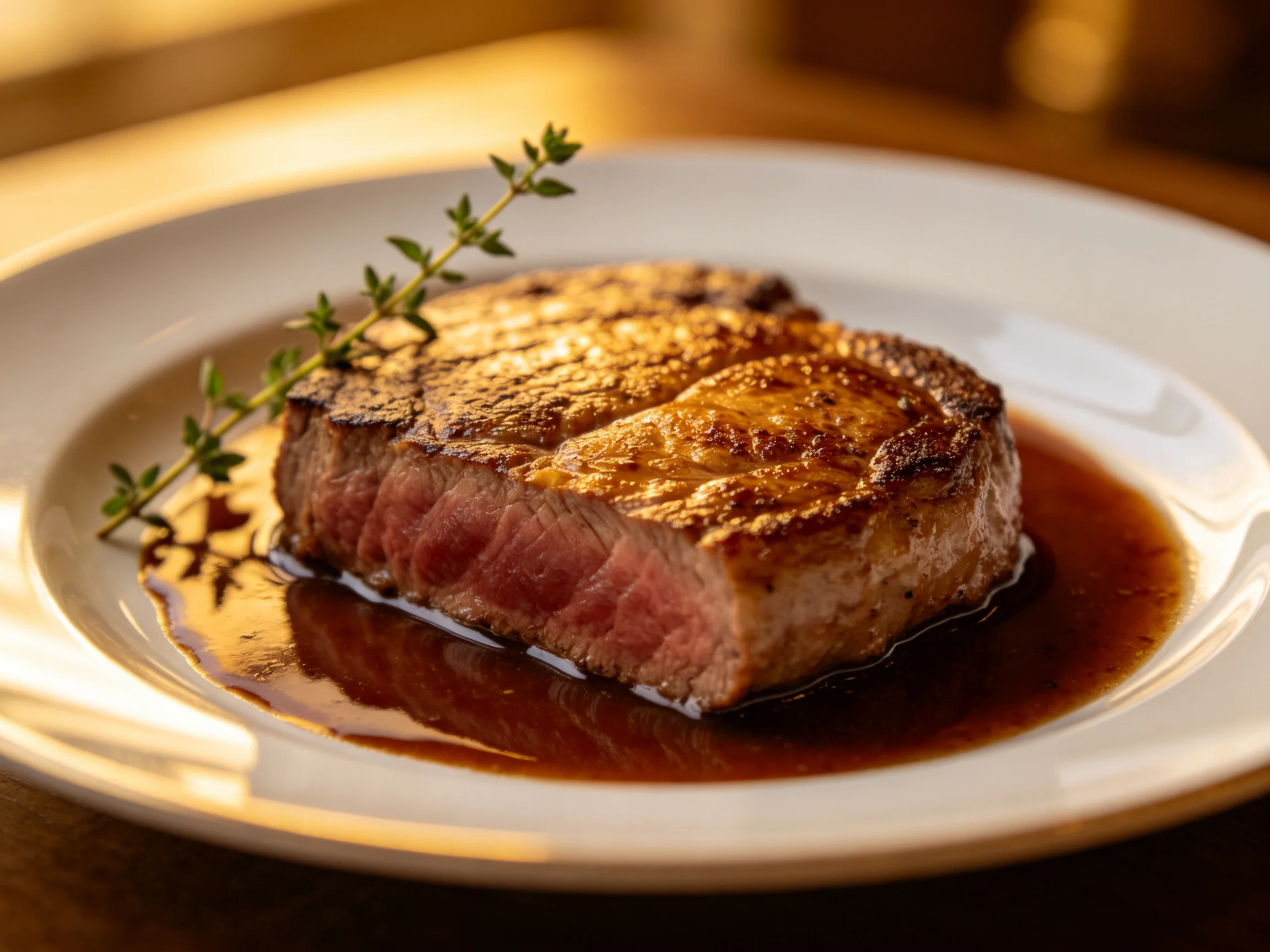 A perfectly seared steak with brown sauce and fresh herb garnish