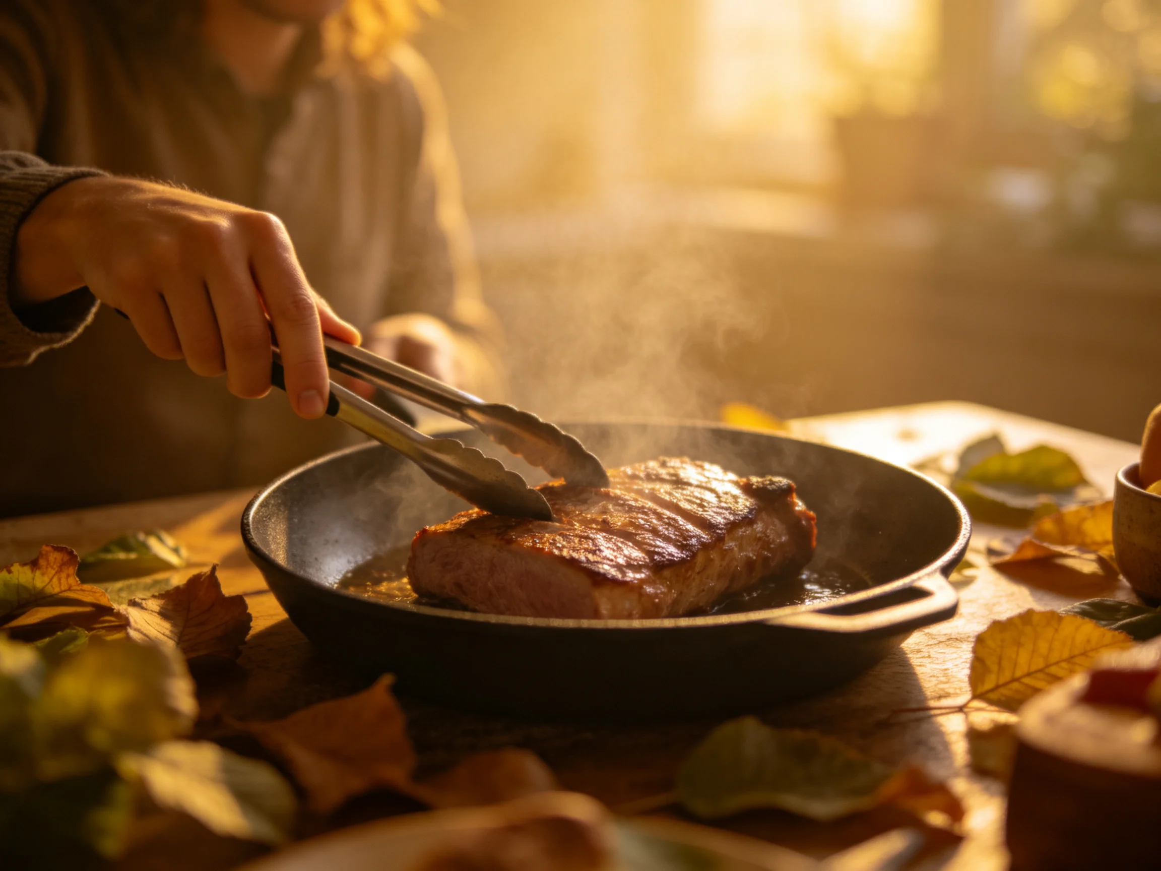 A person cooking a juicy steak in a cast iron skillet with autumn leaves