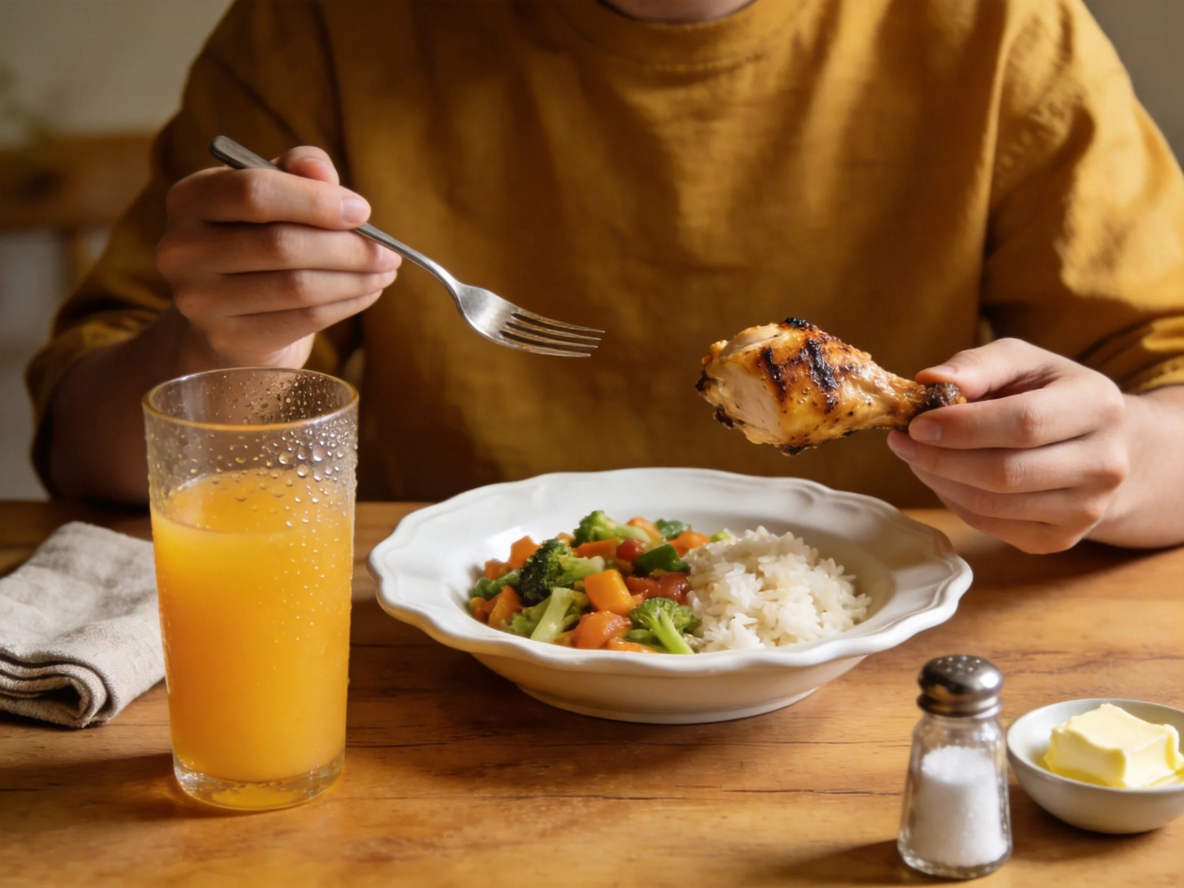 A person enjoying grilled chicken, rice, and vegetables with orange juice