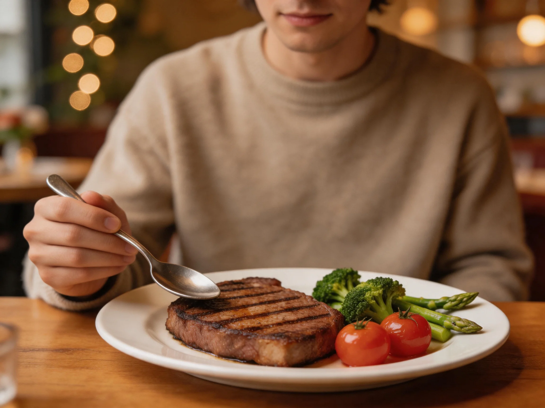 A person enjoys a grilled steak and fresh vegetables on a white plate