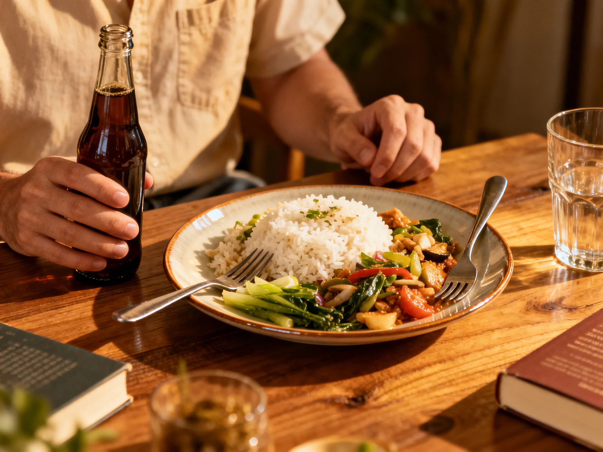 A person enjoys a meal of rice, stir - fry, soda, and water on a wooden table