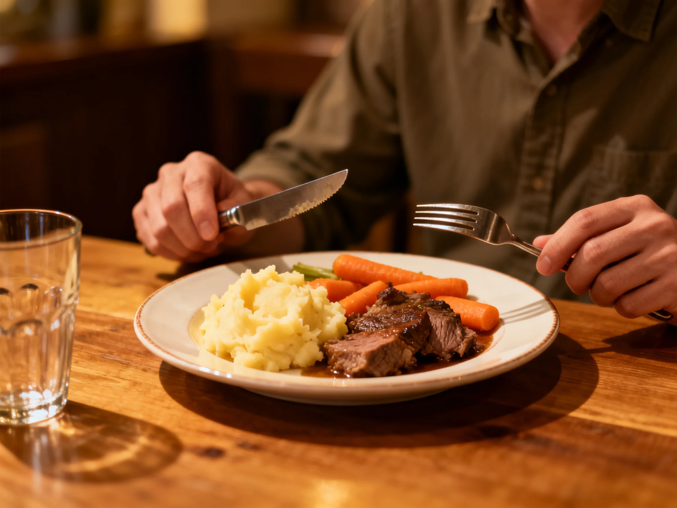 A person enjoys a meal with steak, carrots, and mashed potatoes using silverware