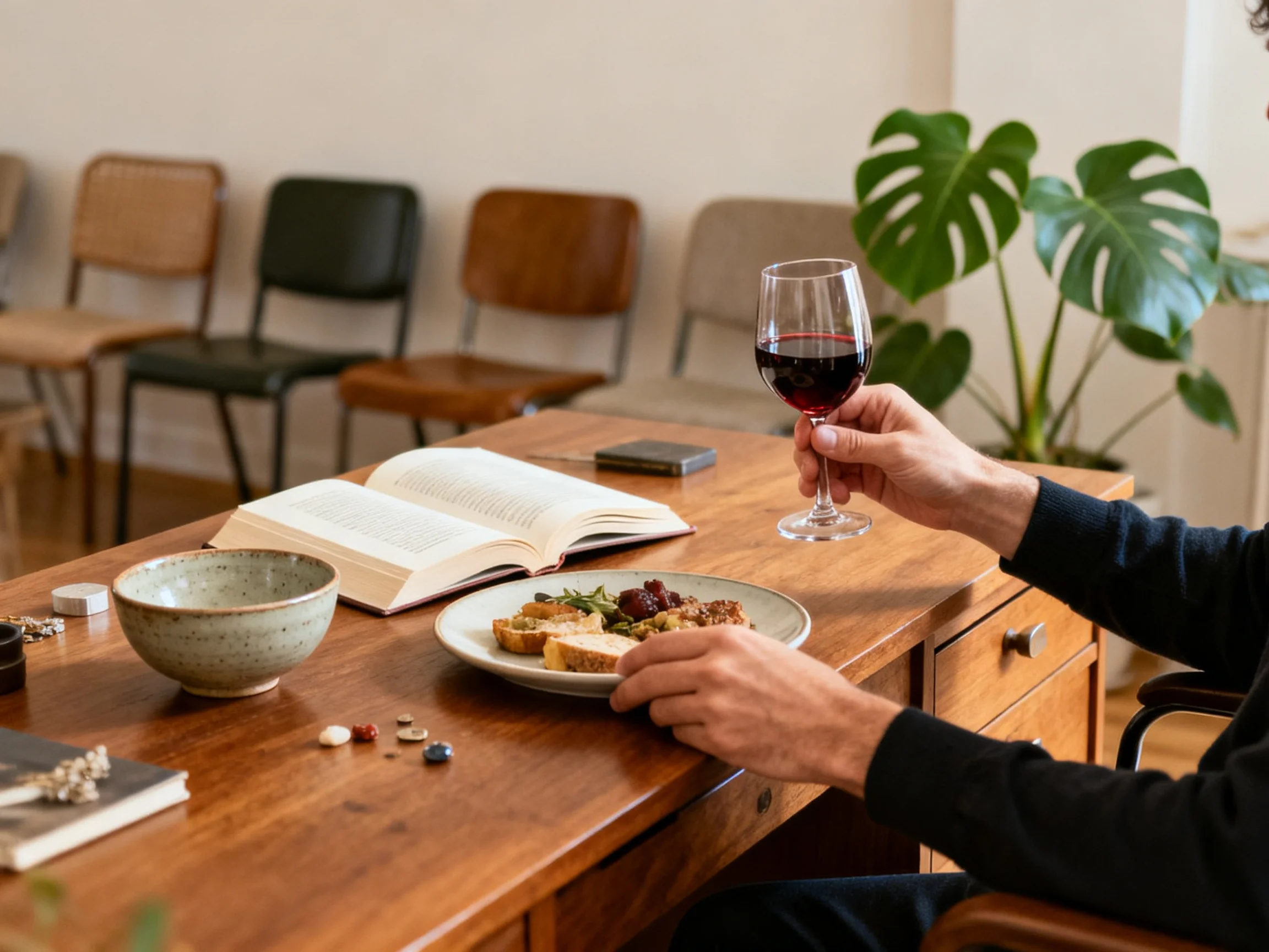 A person enjoys wine and meal beside an open book near wooden chairs