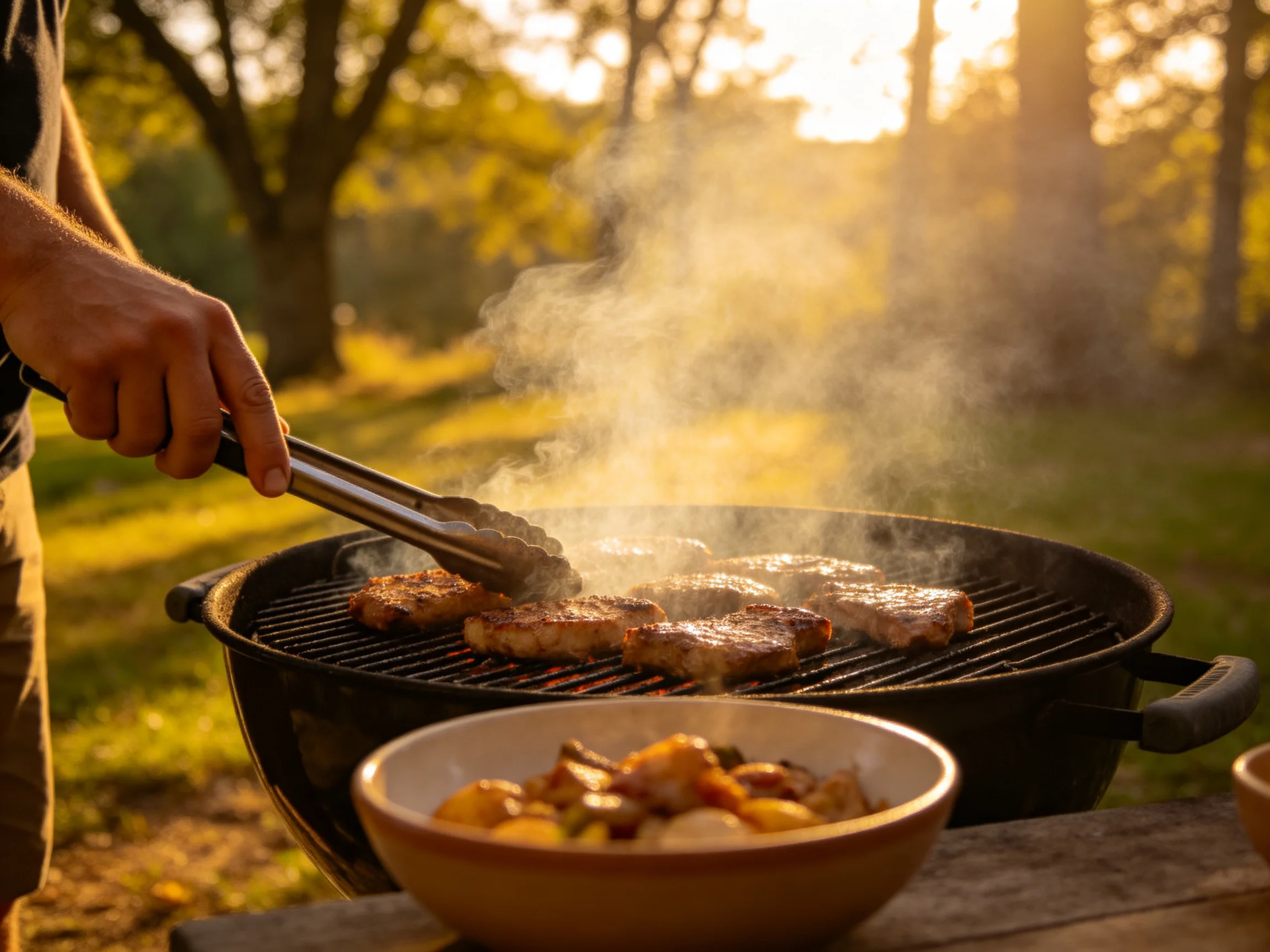 A person grilling savory steaks on a black charcoal grill outdoors