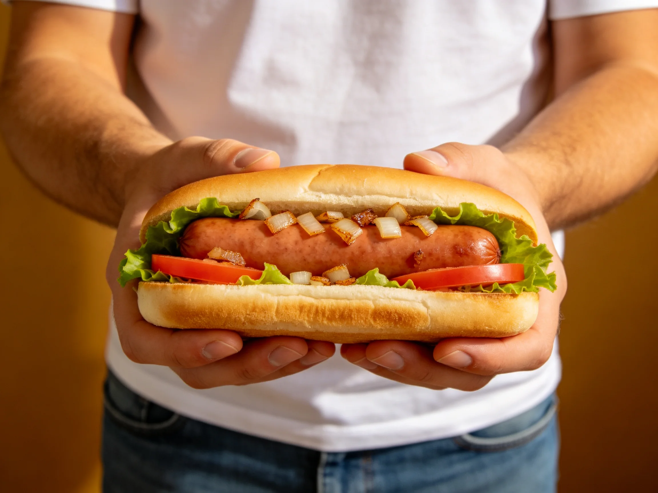 A person holding a hot dog with bun, lettuce, tomato, and onion toppings
