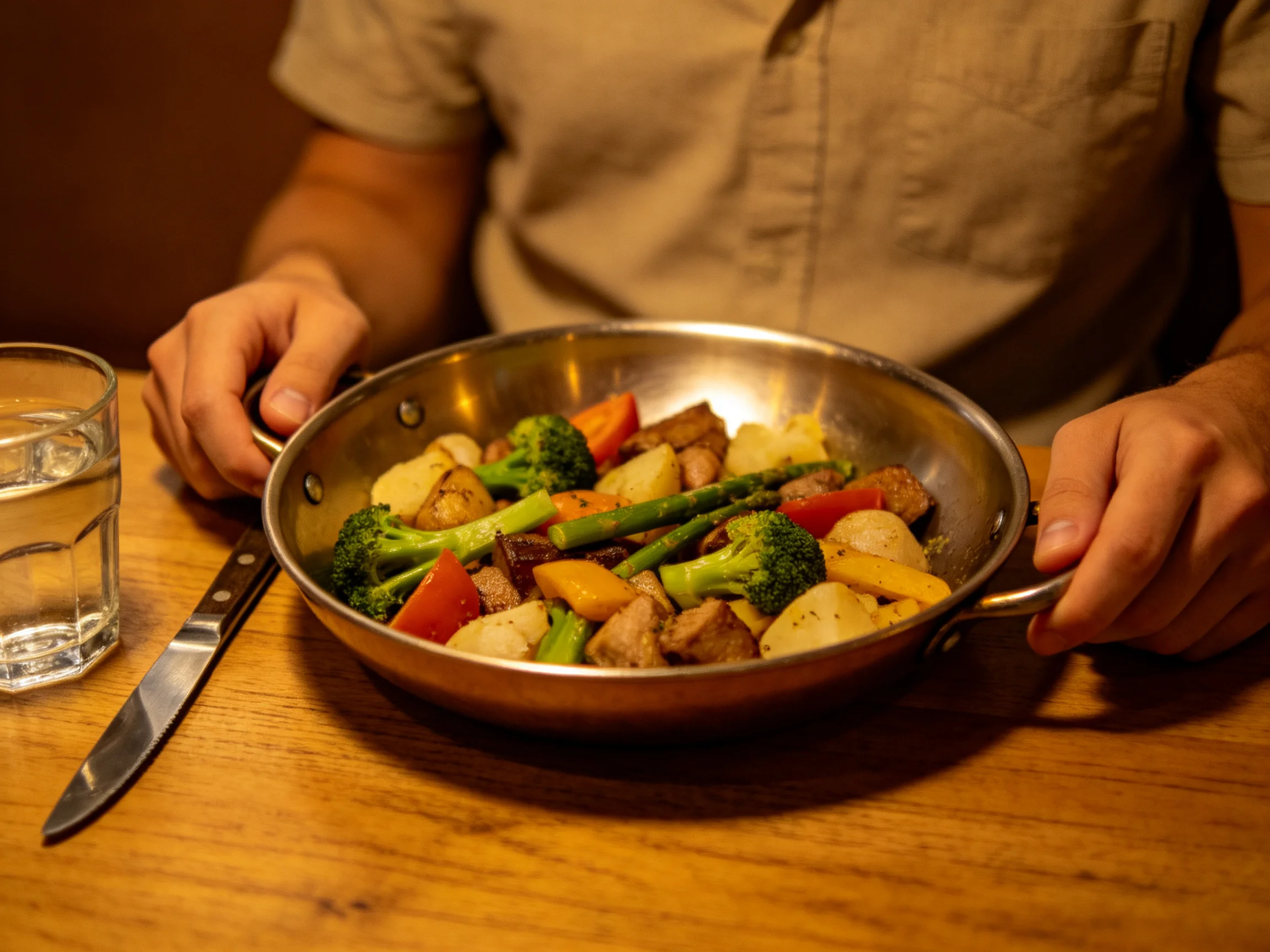 A person in a beige shirt holds a metal pan of colorful roasted veggies on a wooden table