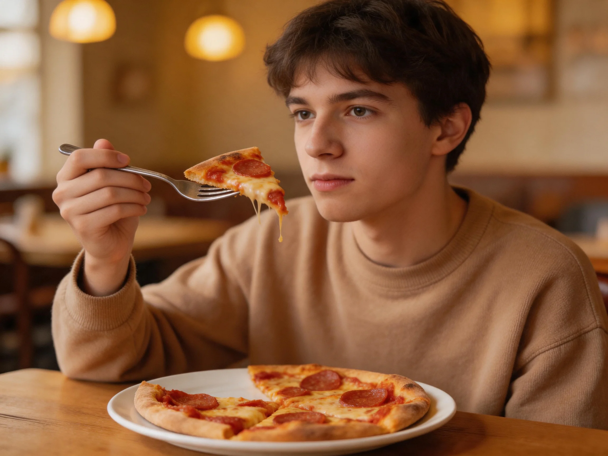 A person in a tan sweater enjoys a pepperoni pizza slice at a wooden table