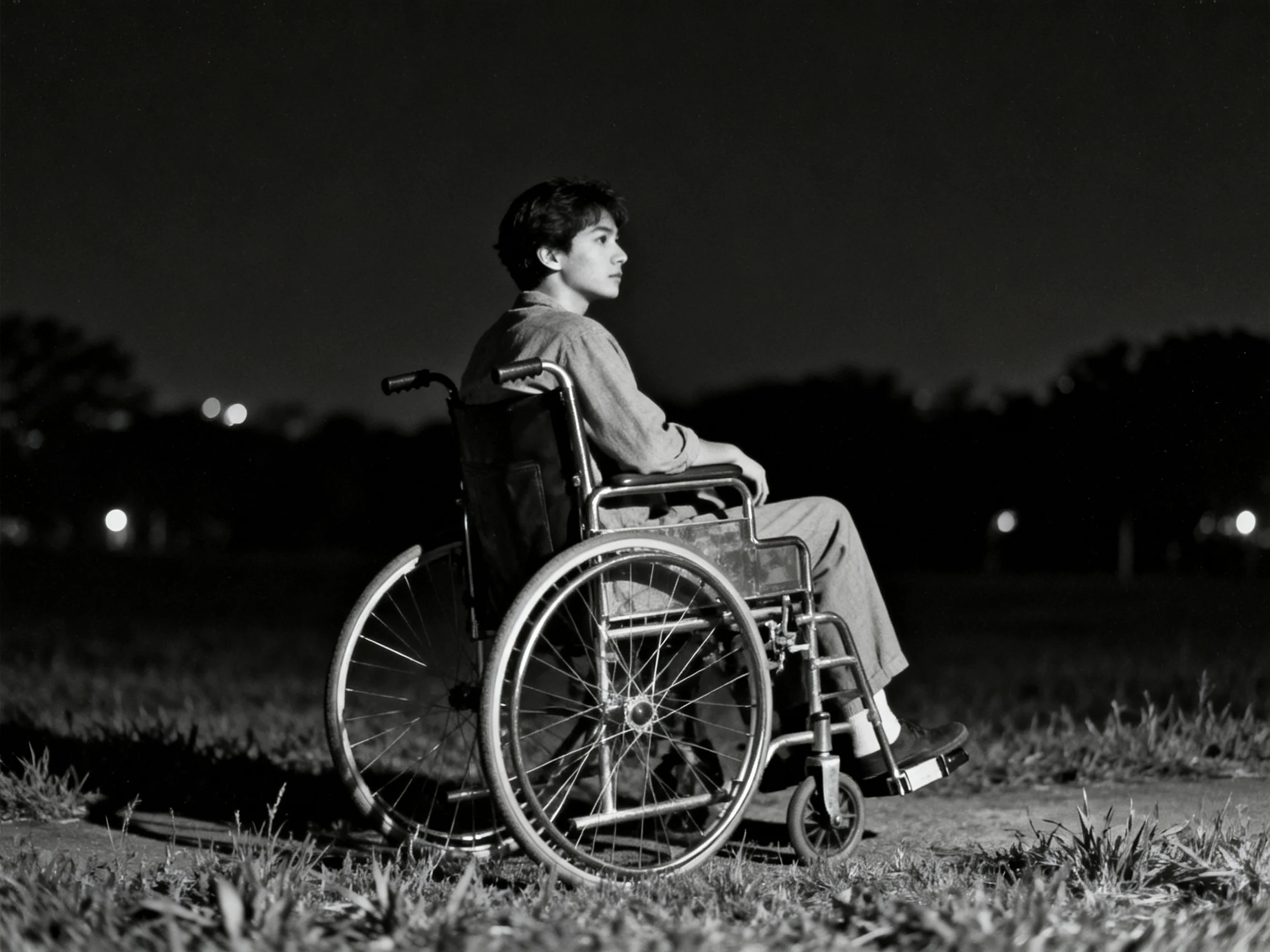 A person in a wheelchair sits alone in a dark nighttime outdoor setting