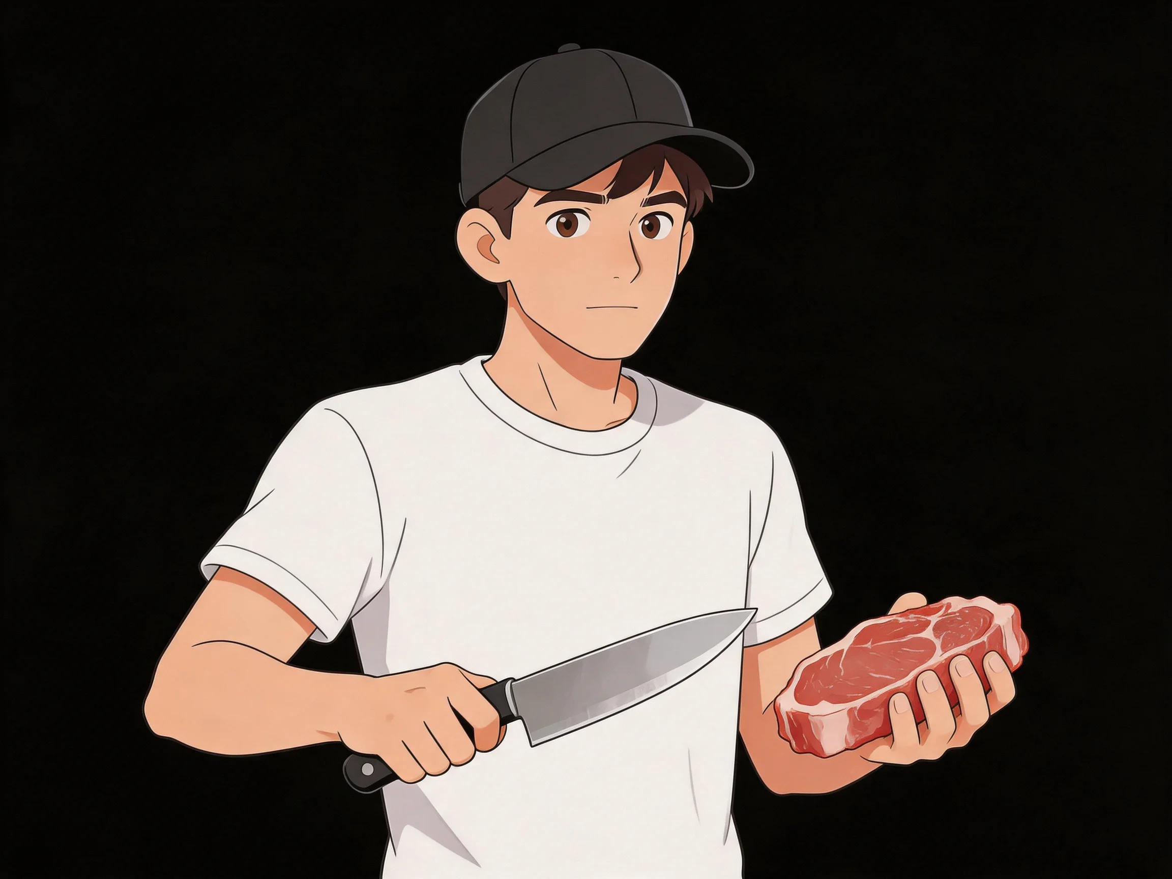 A person in a white shirt cutting raw red meat with a silver knife